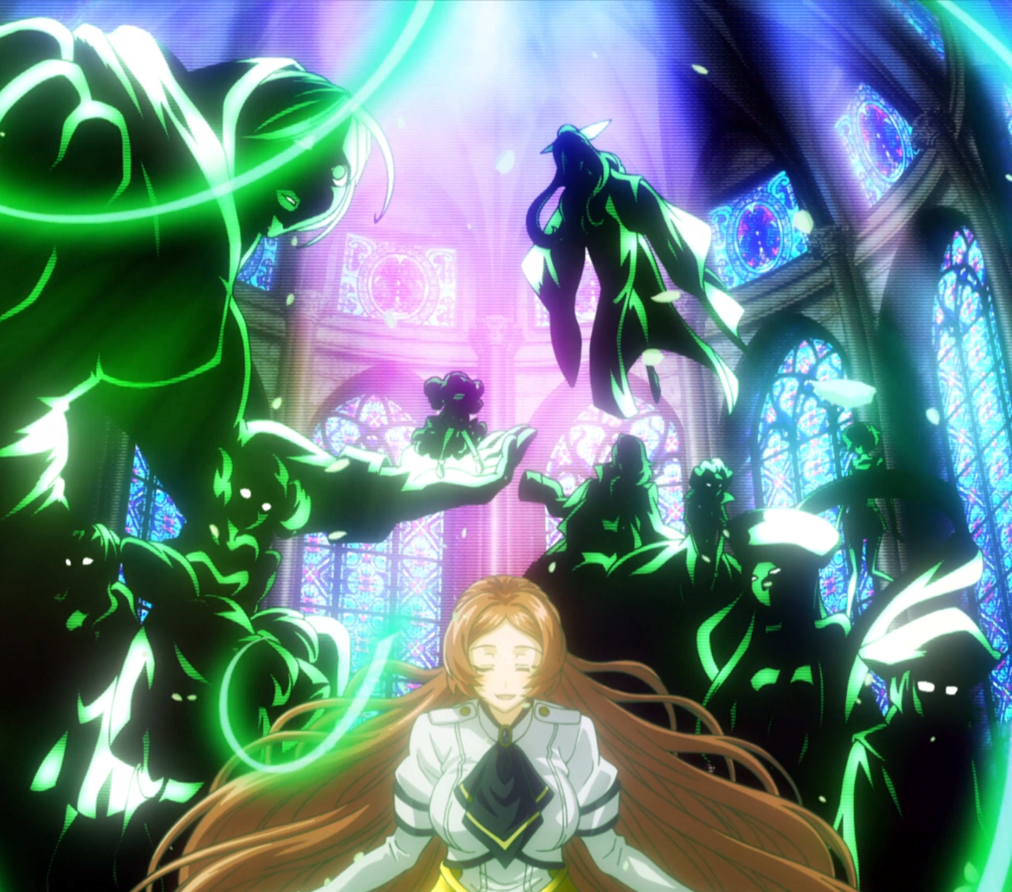 A female warrior character with long white hair and a green and black outfit, surrounded by glowing green energy and plant-like tendrils in a fantastical setting.