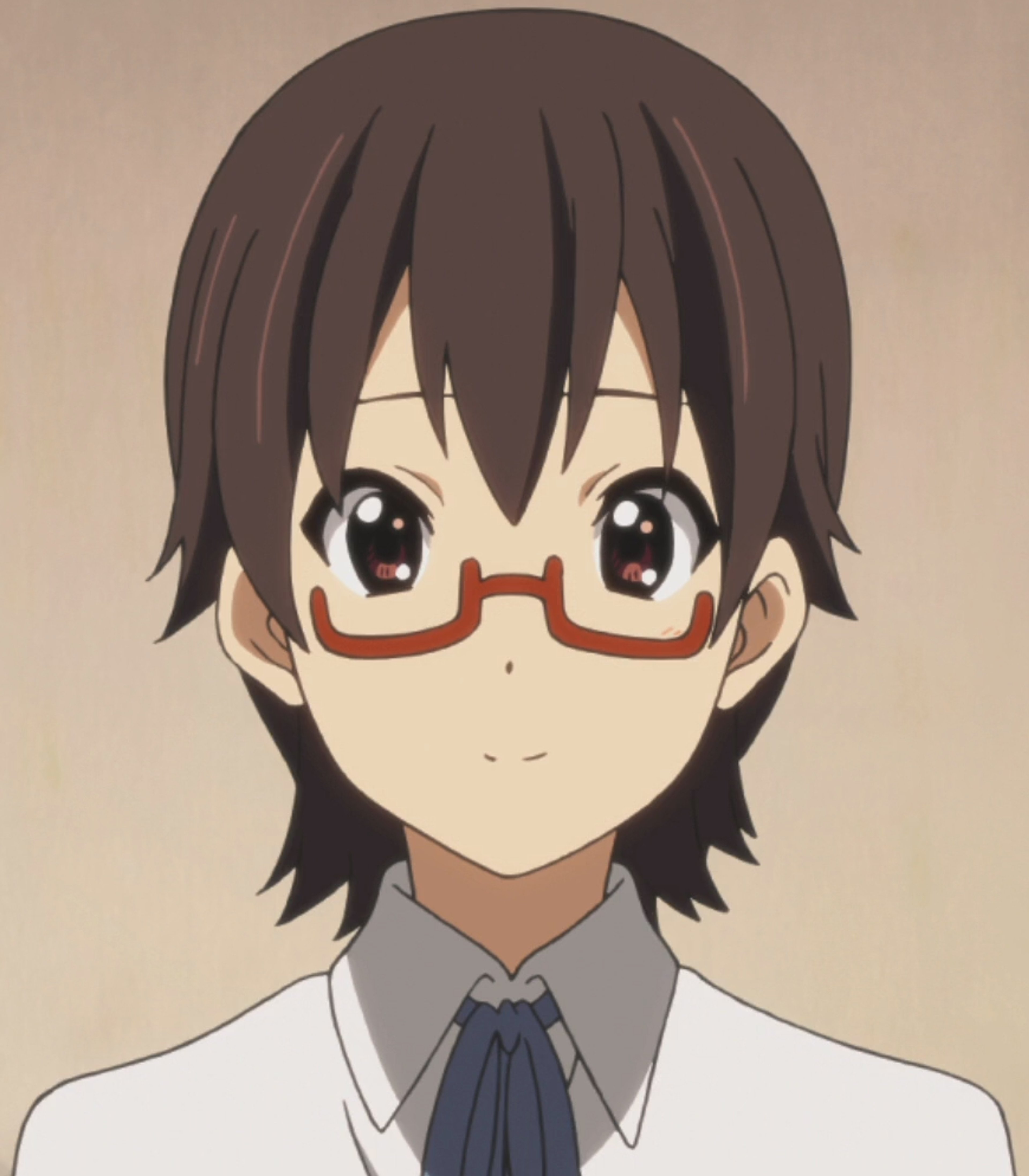 An anime-style character with short dark hair and glasses wearing a school uniform