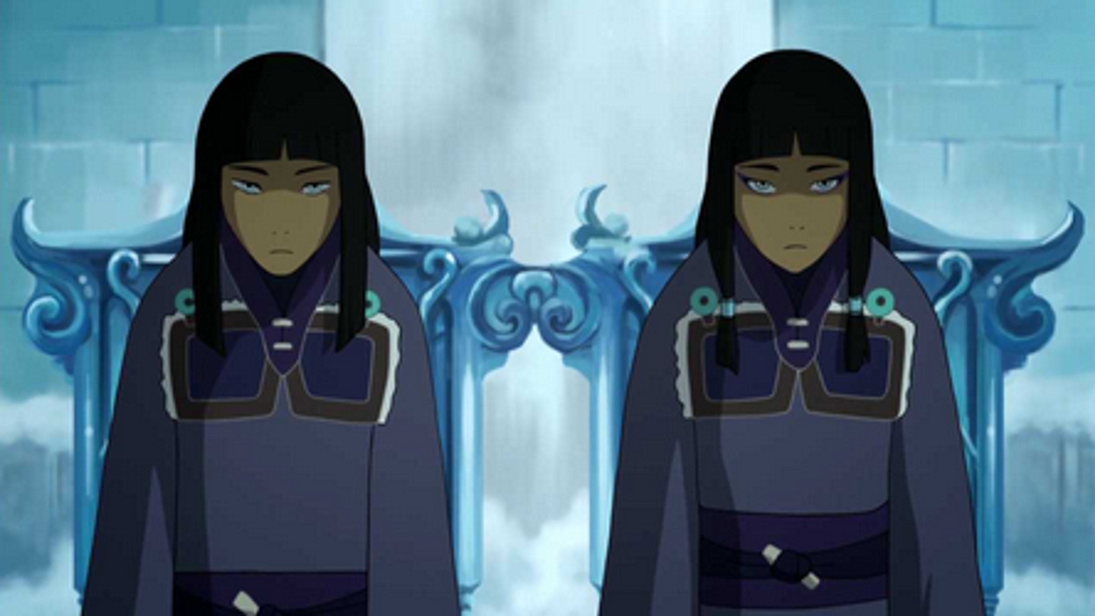 Two identical-looking young people with long dark hair wearing dark blue and purple clothing