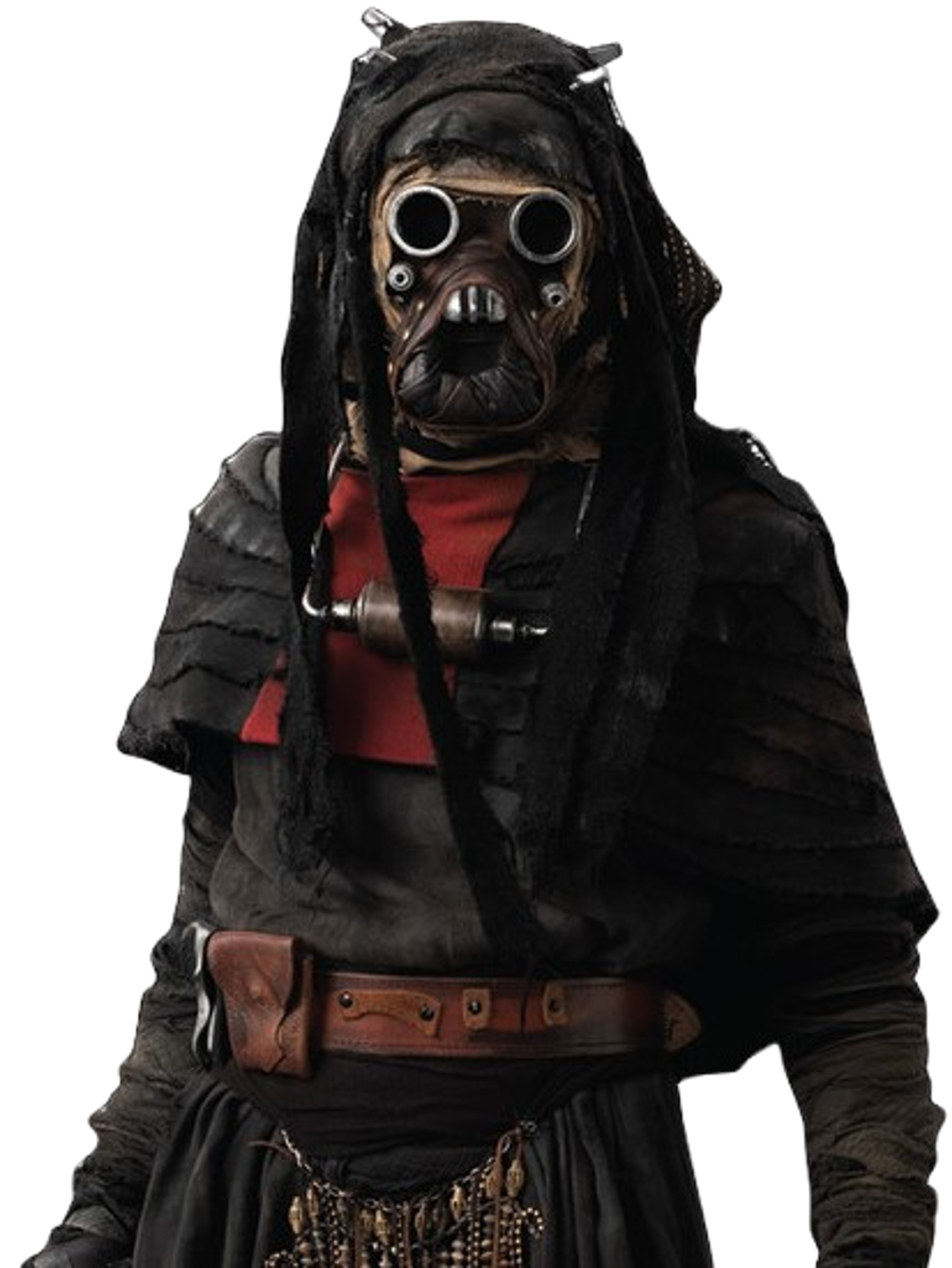 A Tusken Raider warrior in traditional desert attire, holding a gaderffii stick.