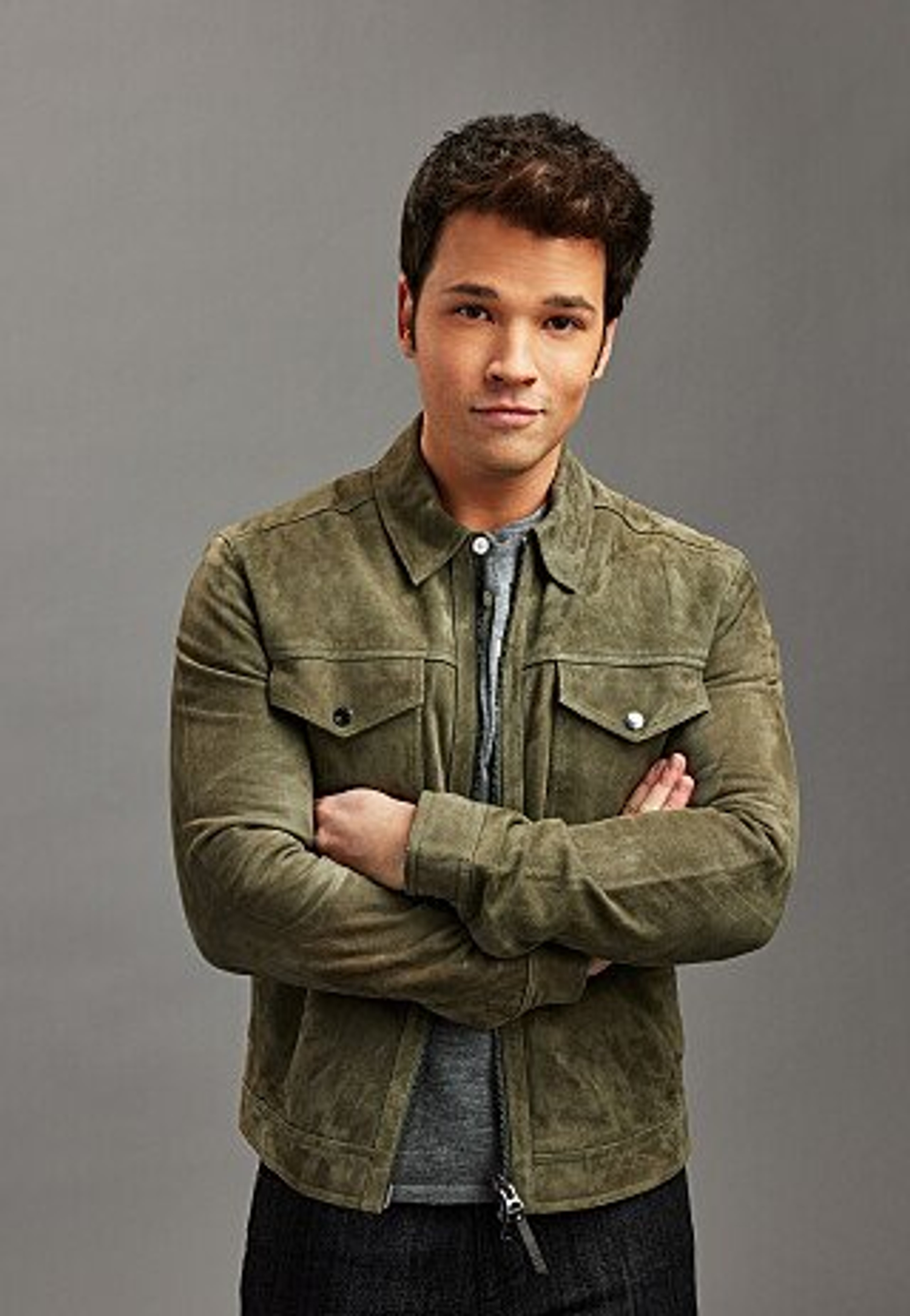 A young man with short dark hair wearing a green military-style jacket, with a serious expression on his face and his arms crossed in front of him.