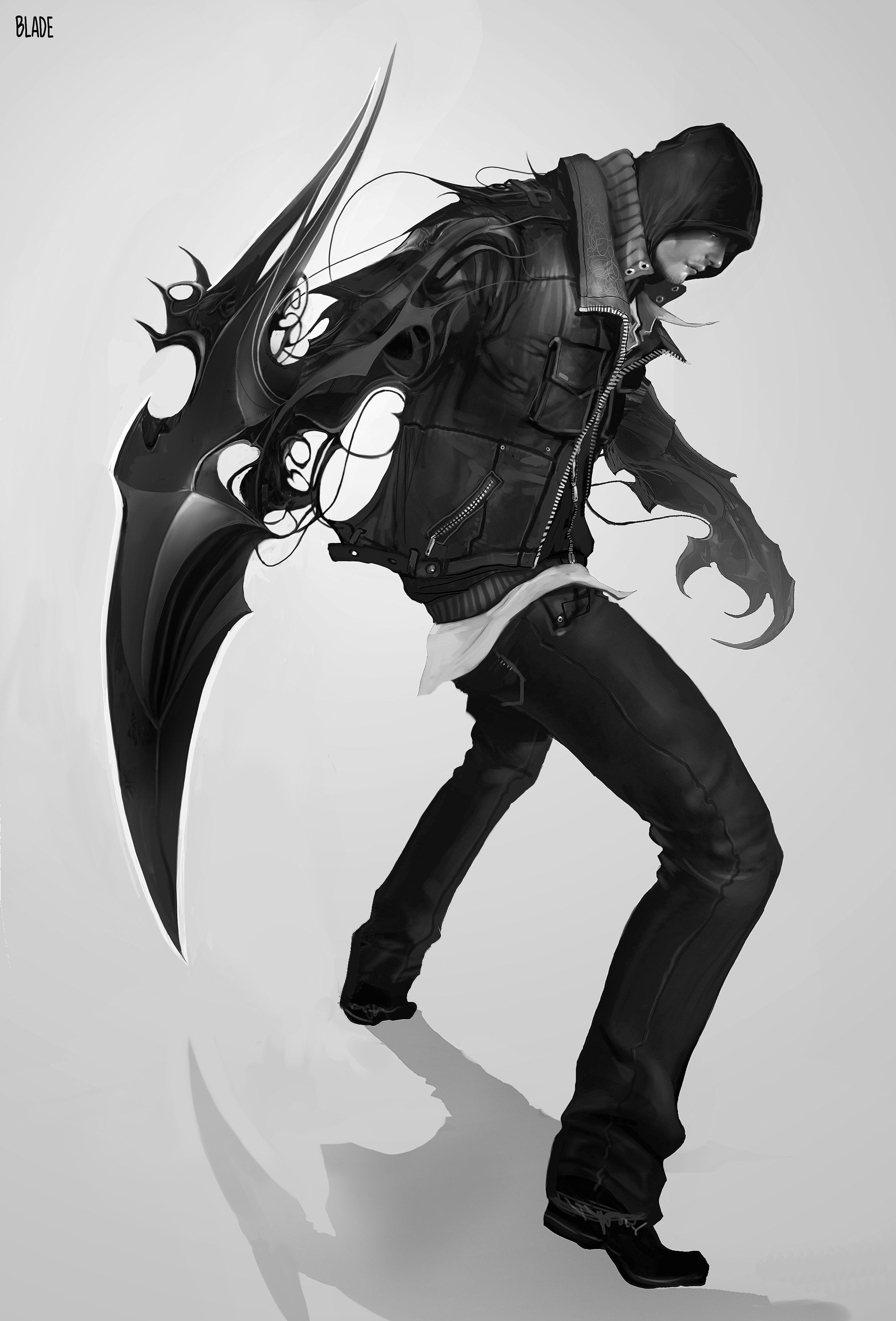 A male character in a dark, futuristic outfit with a large blade or claw attached to his arm.