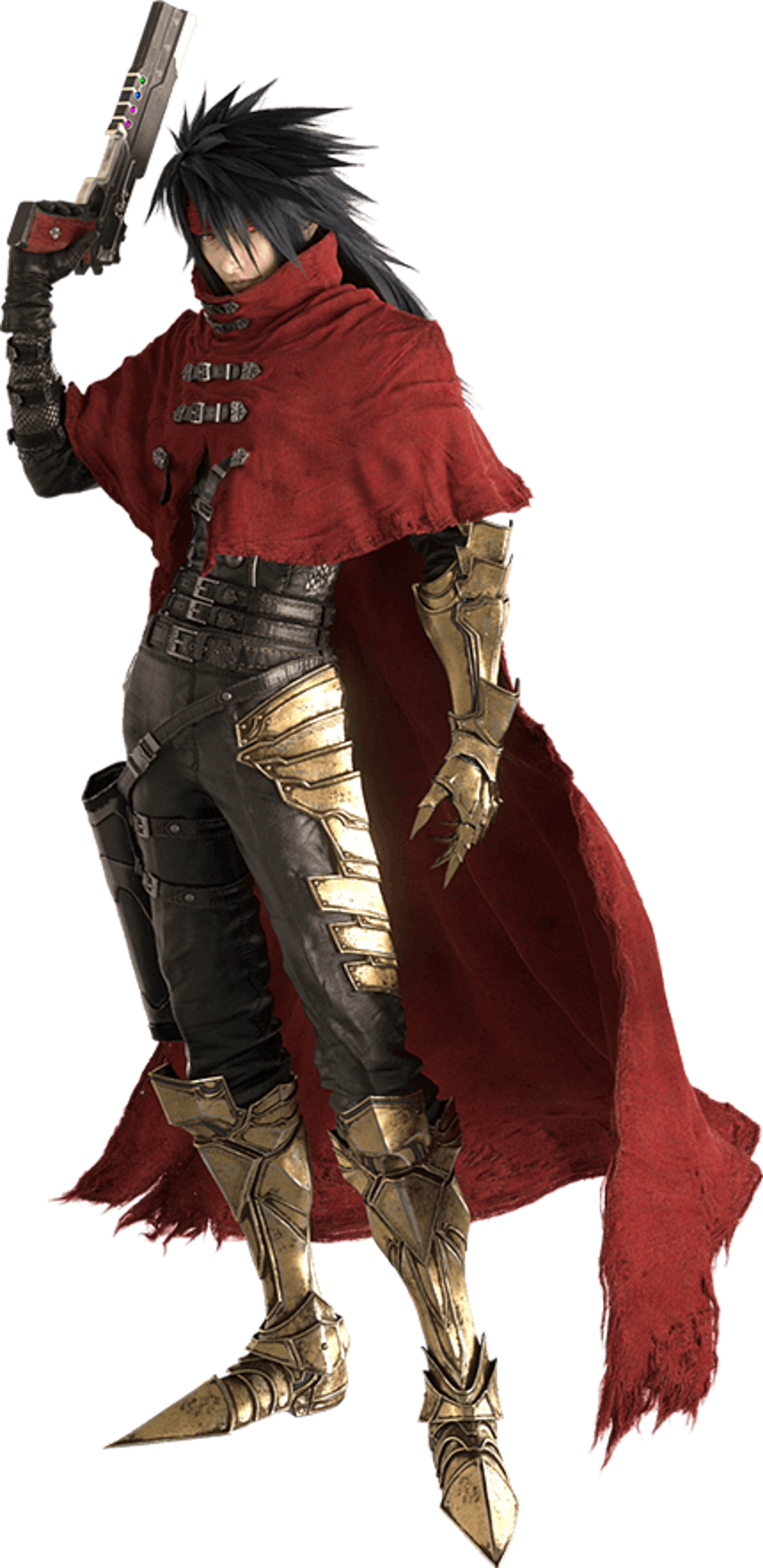 A male character with long black hair, crimson eyes, and a red cloak holding a firearm
