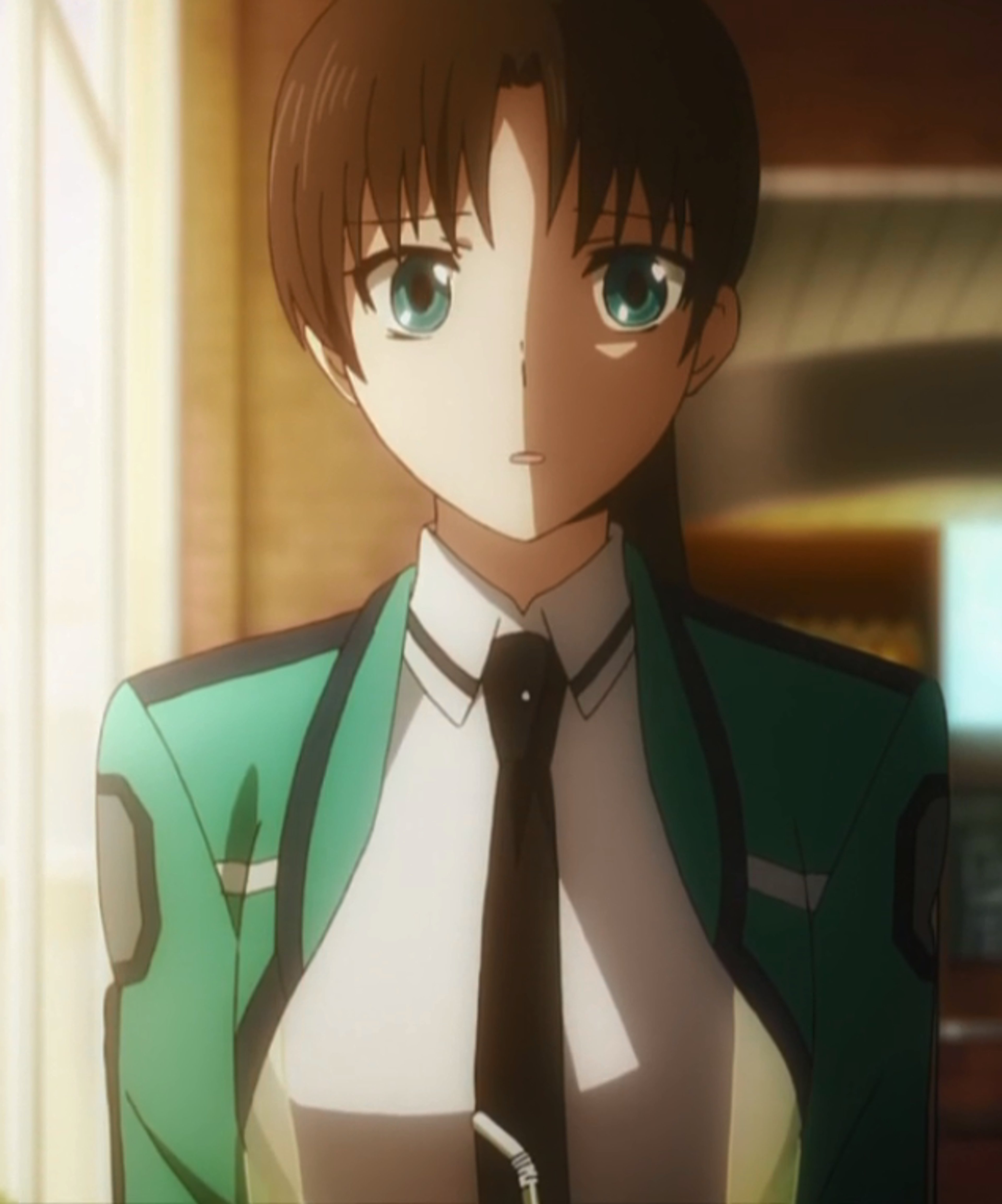 An anime-style character in a green military uniform with short dark hair and green eyes