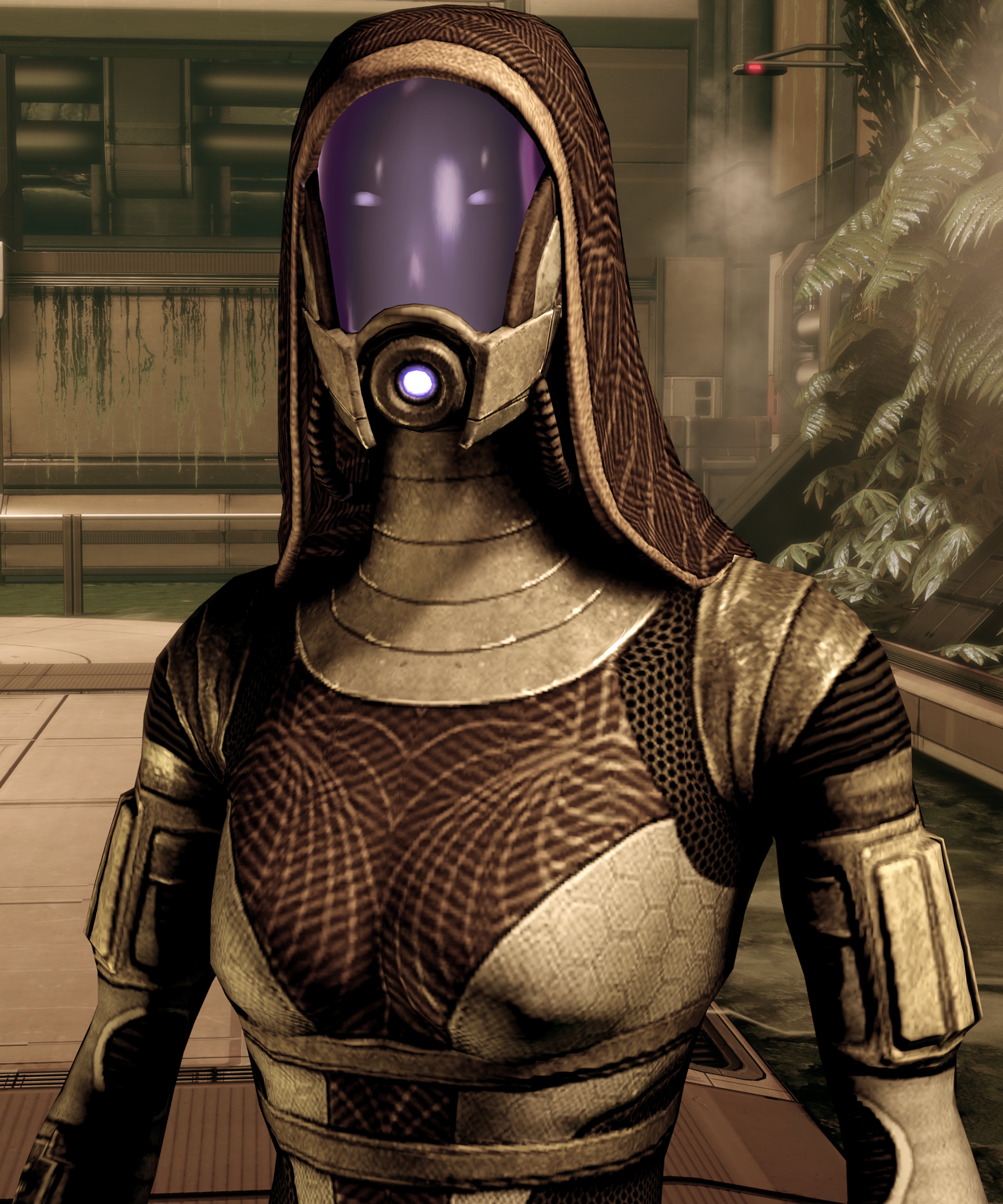 A female Quarian character from the Mass Effect universe, wearing a purple mask and a form-fitting bodysuit with armor plating.