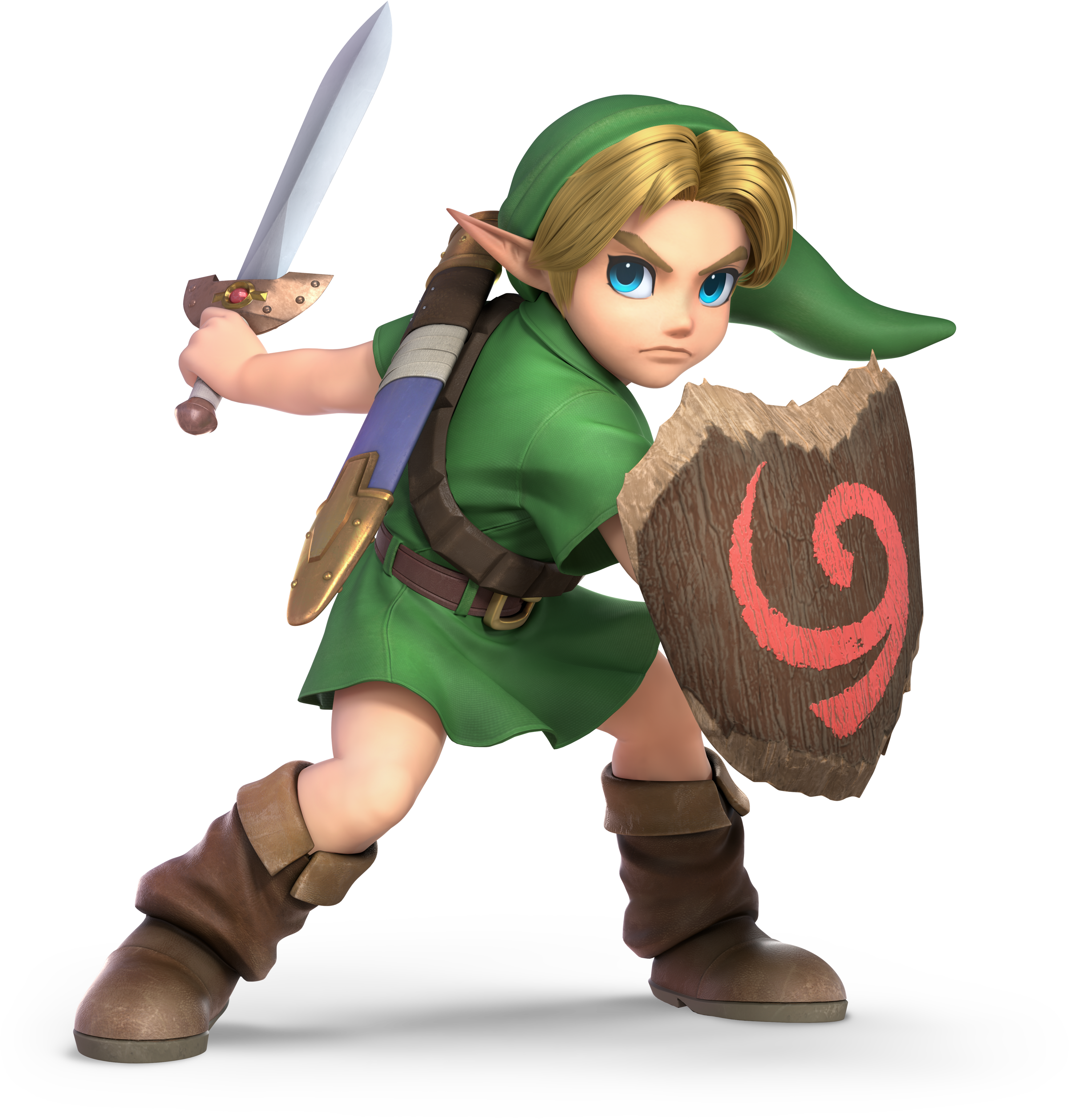 A young, cartoon-style character in green clothing holding a sword and shield