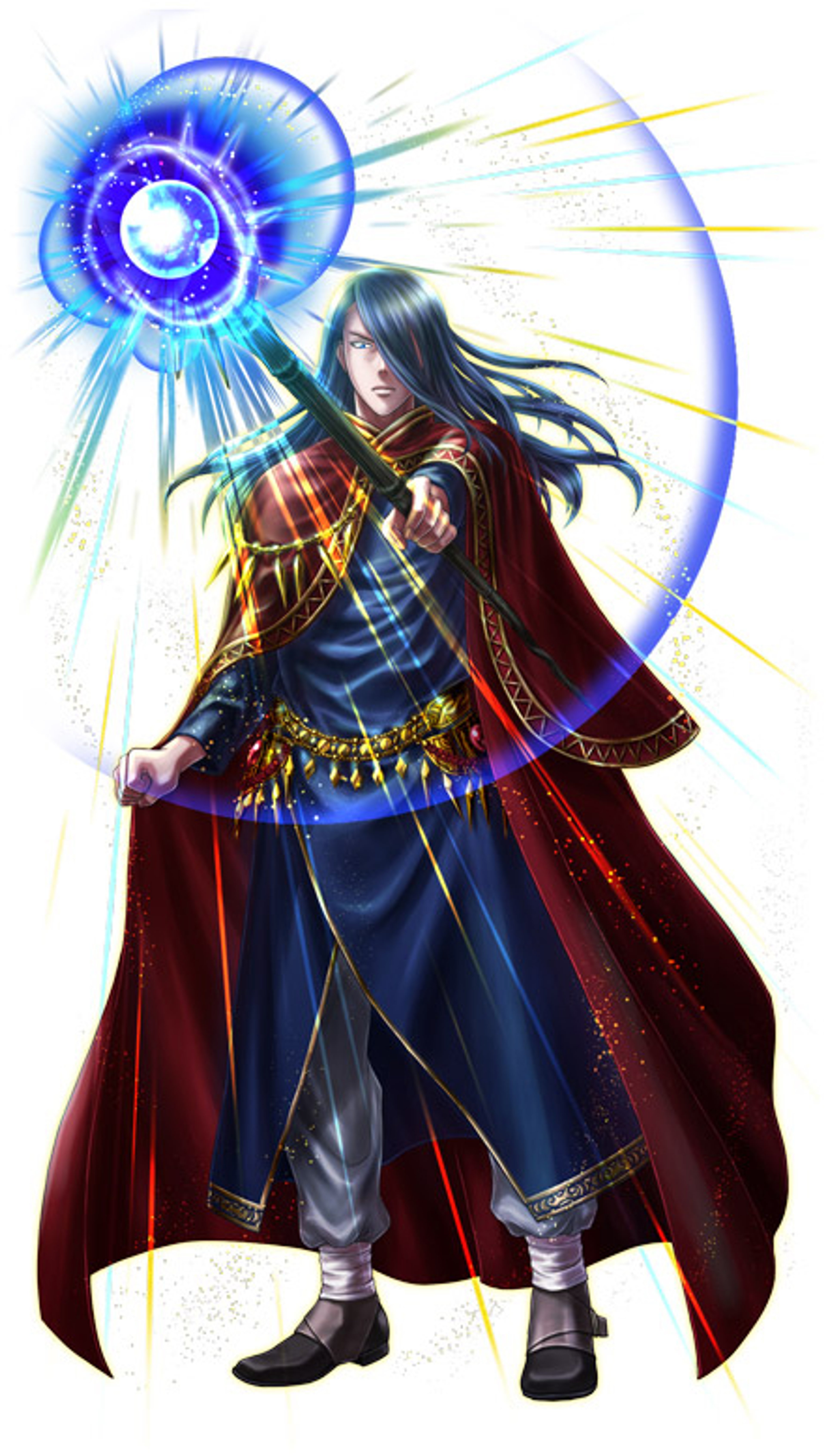 A powerful court magician with long blue-gray hair and elegant blue robes, carrying a mystical staff.