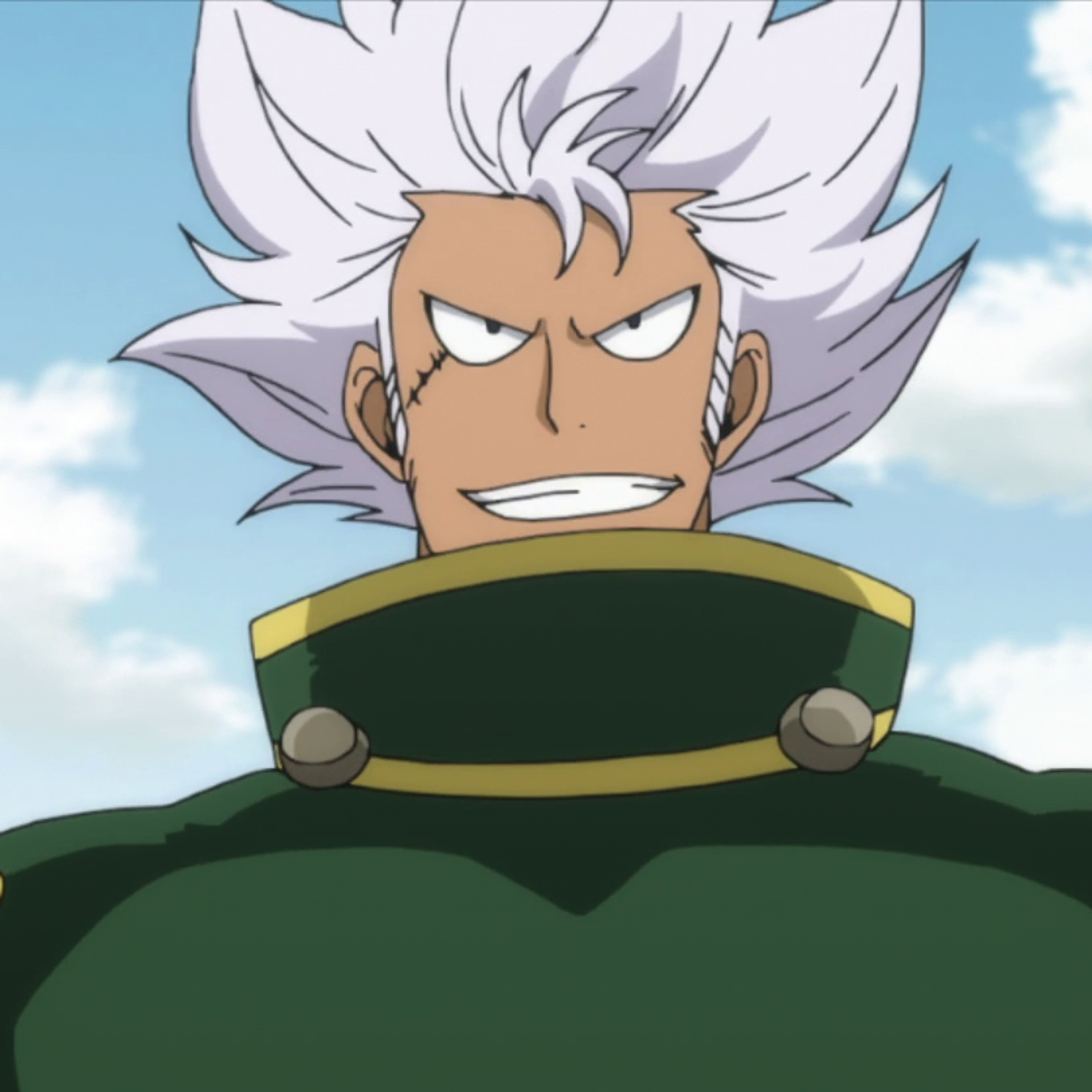 A muscular man with white hair wearing a green outfit with armor-like elements