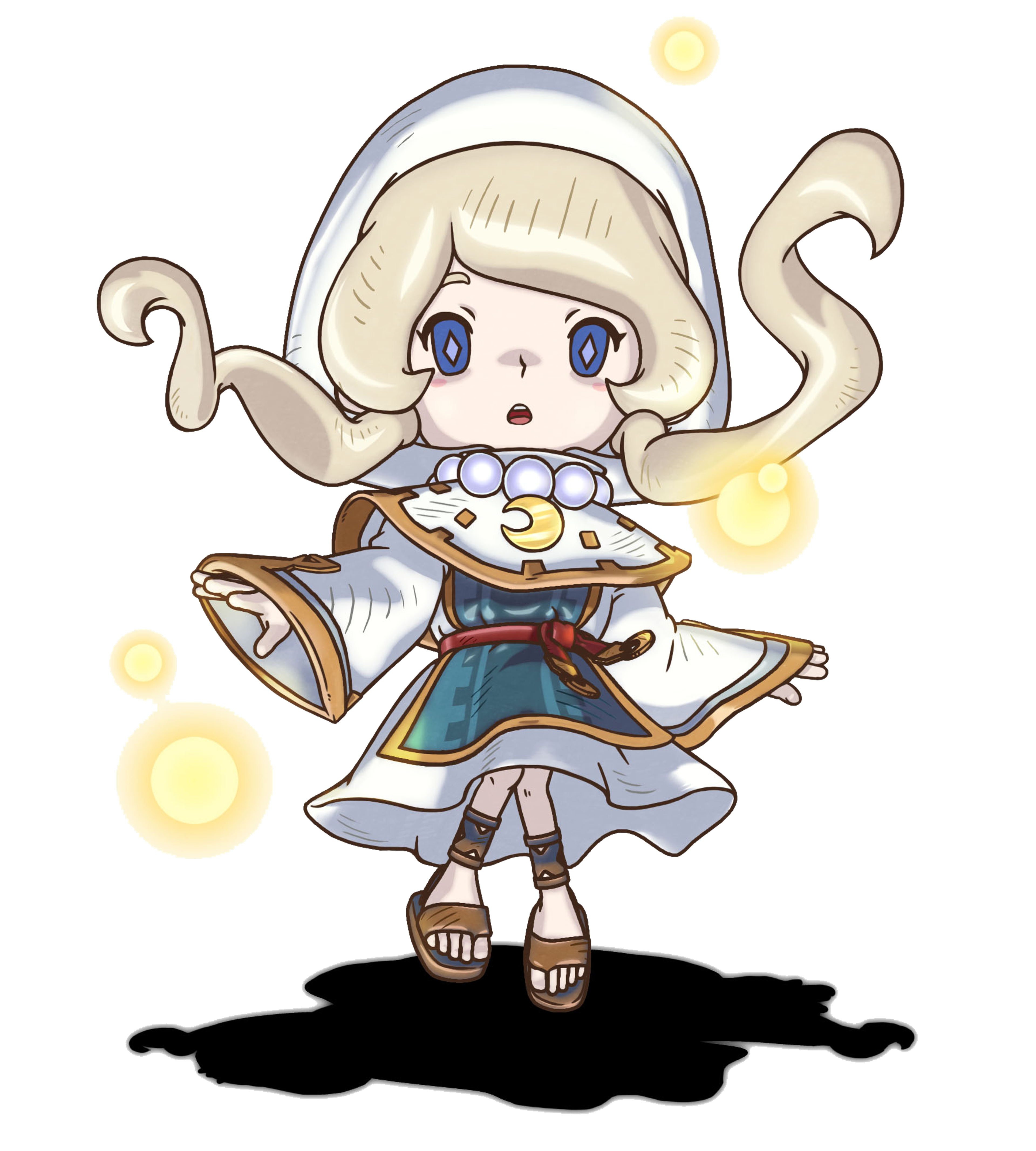 A young woman with a cream-colored bob hairstyle and ponytails, wearing a white hood, cloak, and blue outfit.