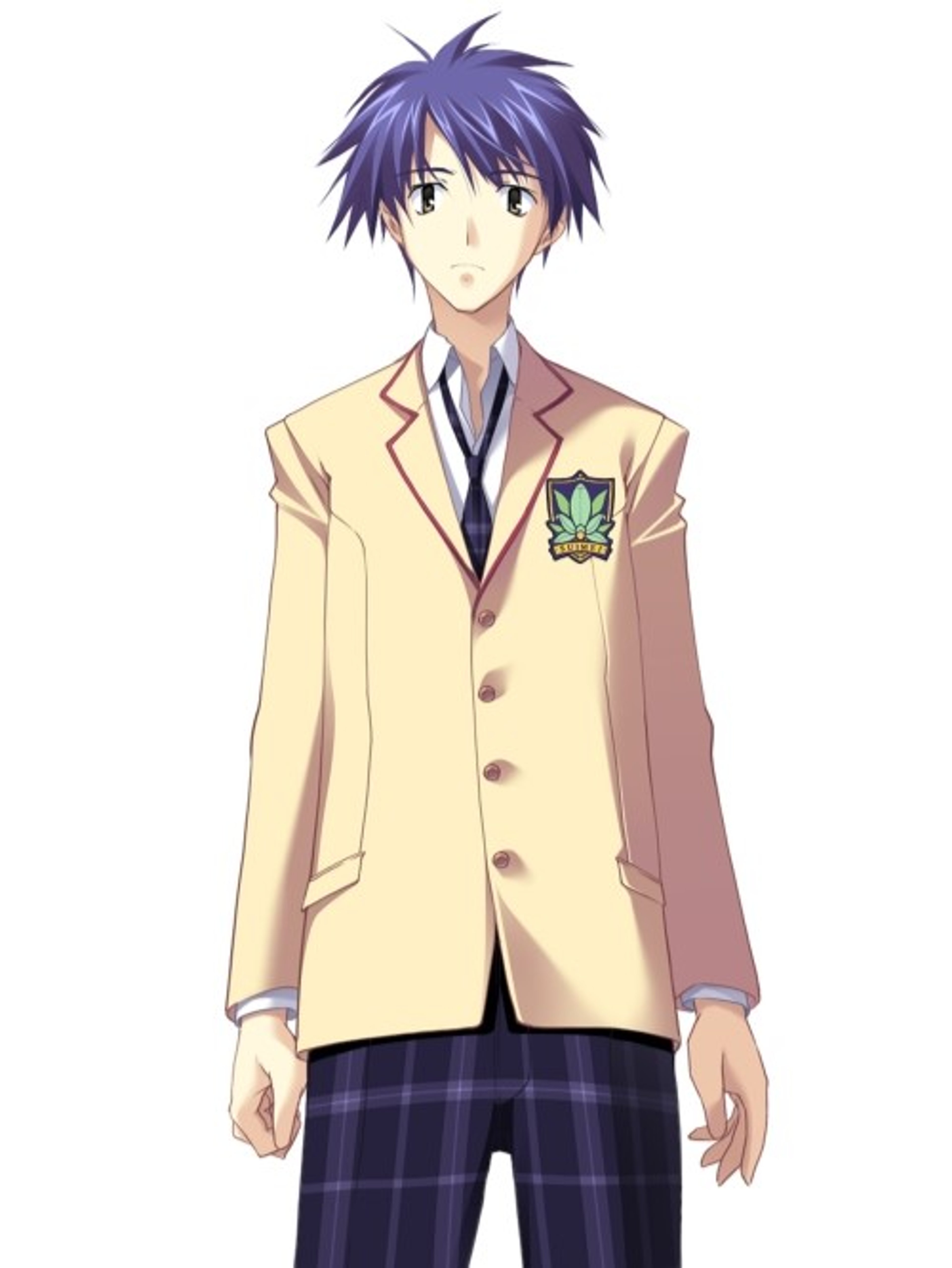 A teenage boy with dark hair and tired eyes wearing a disheveled school uniform