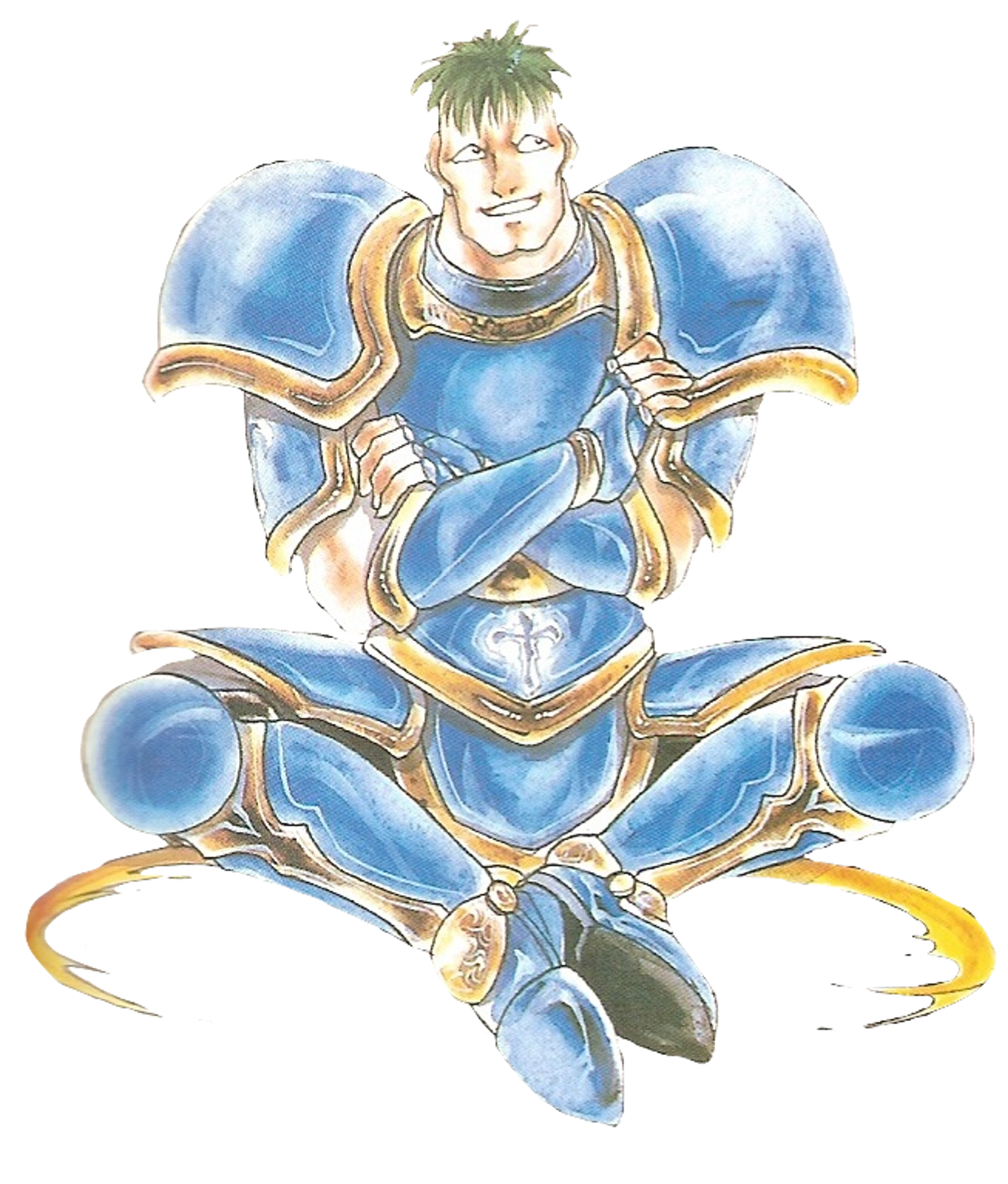 A male fantasy character in blue and gold armor, crouched in a battle-ready stance.