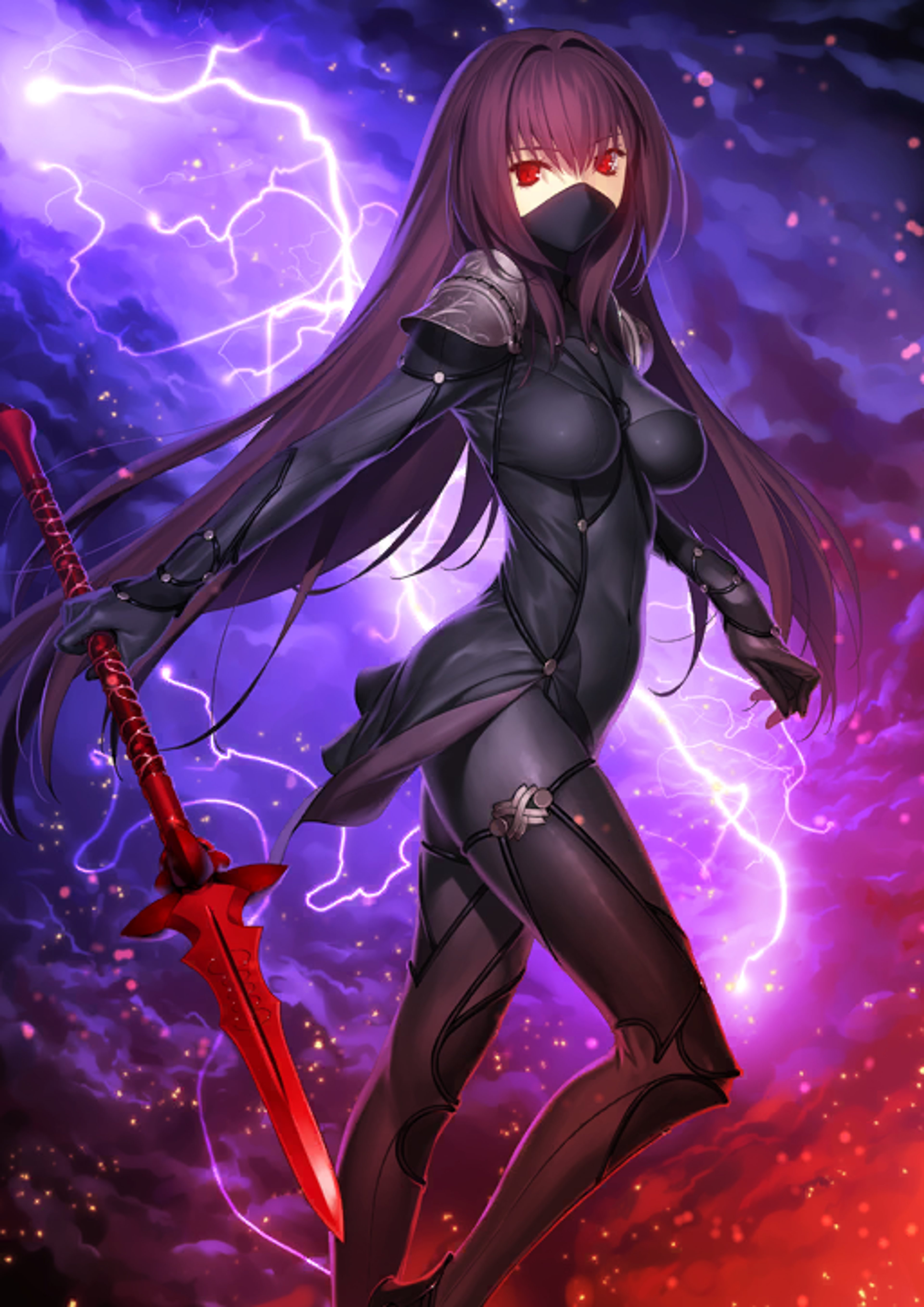 A female warrior character in a dark, stormy setting, holding a sword and ready for battle.
