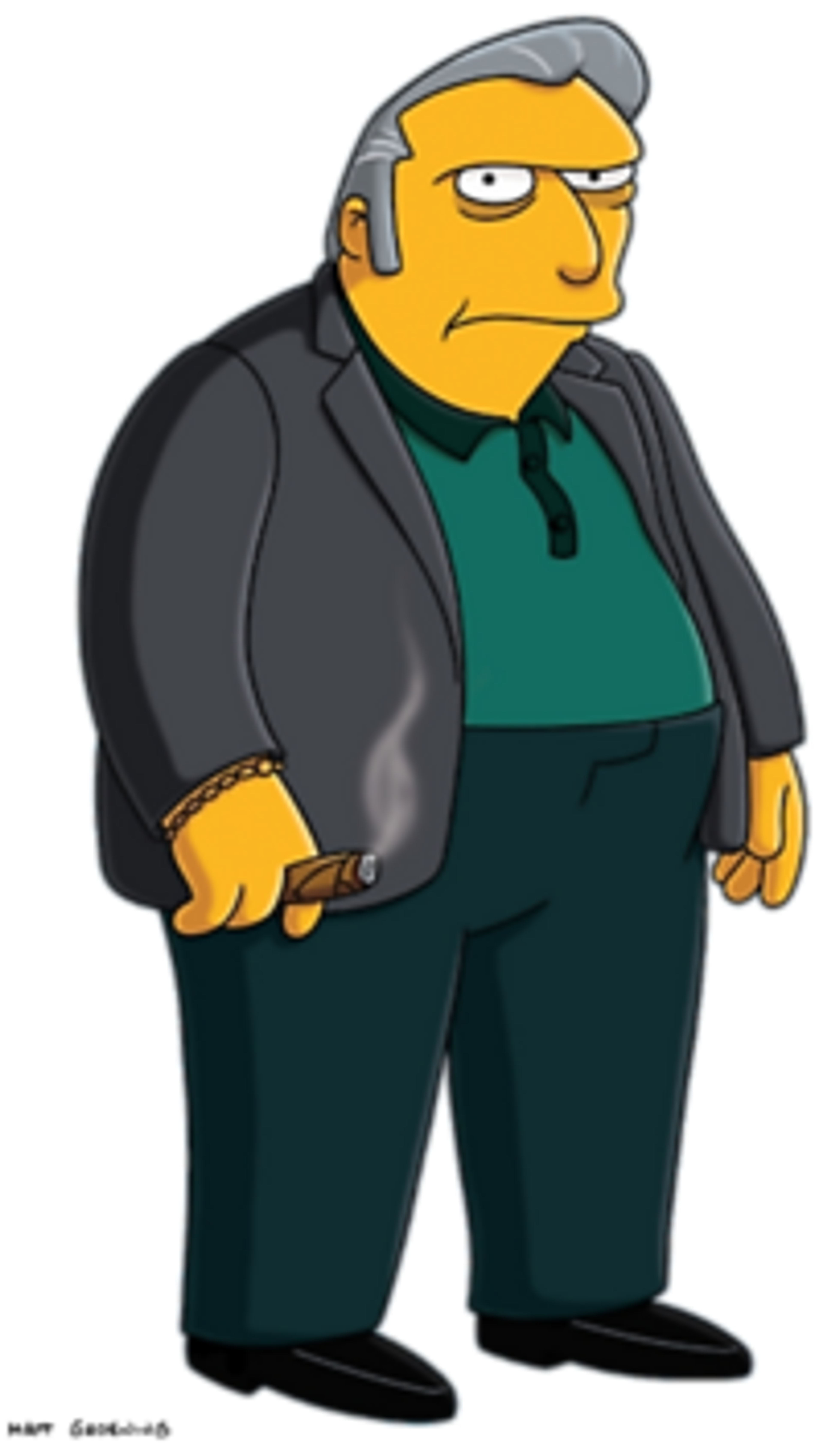 A cartoon character of a stereotypical Italian-American mafia boss with a large, overweight build wearing a green shirt and dark suit jacket.