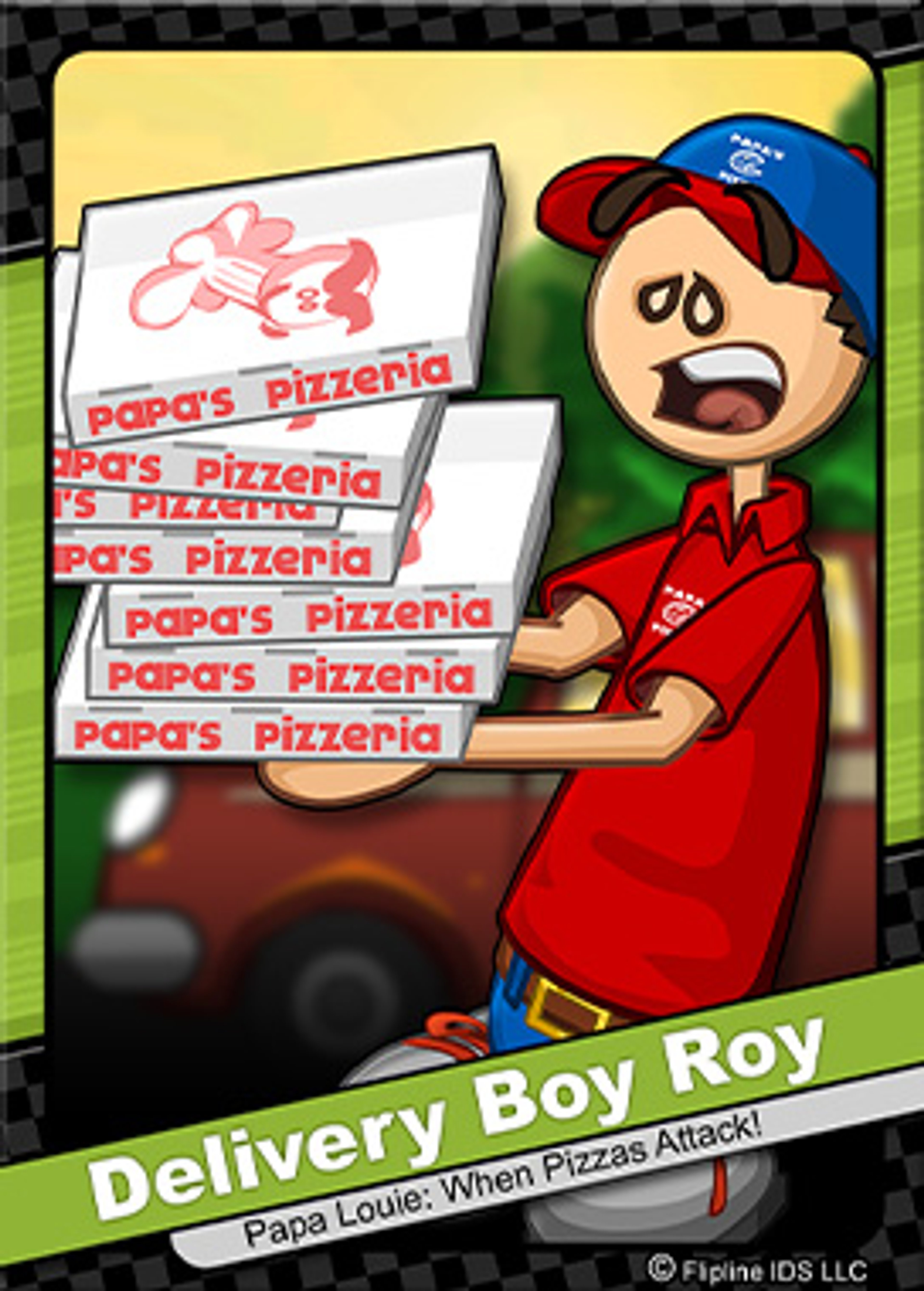 A cartoon character named Roy, who works as a pizza delivery boy for Papa's Pizzeria.