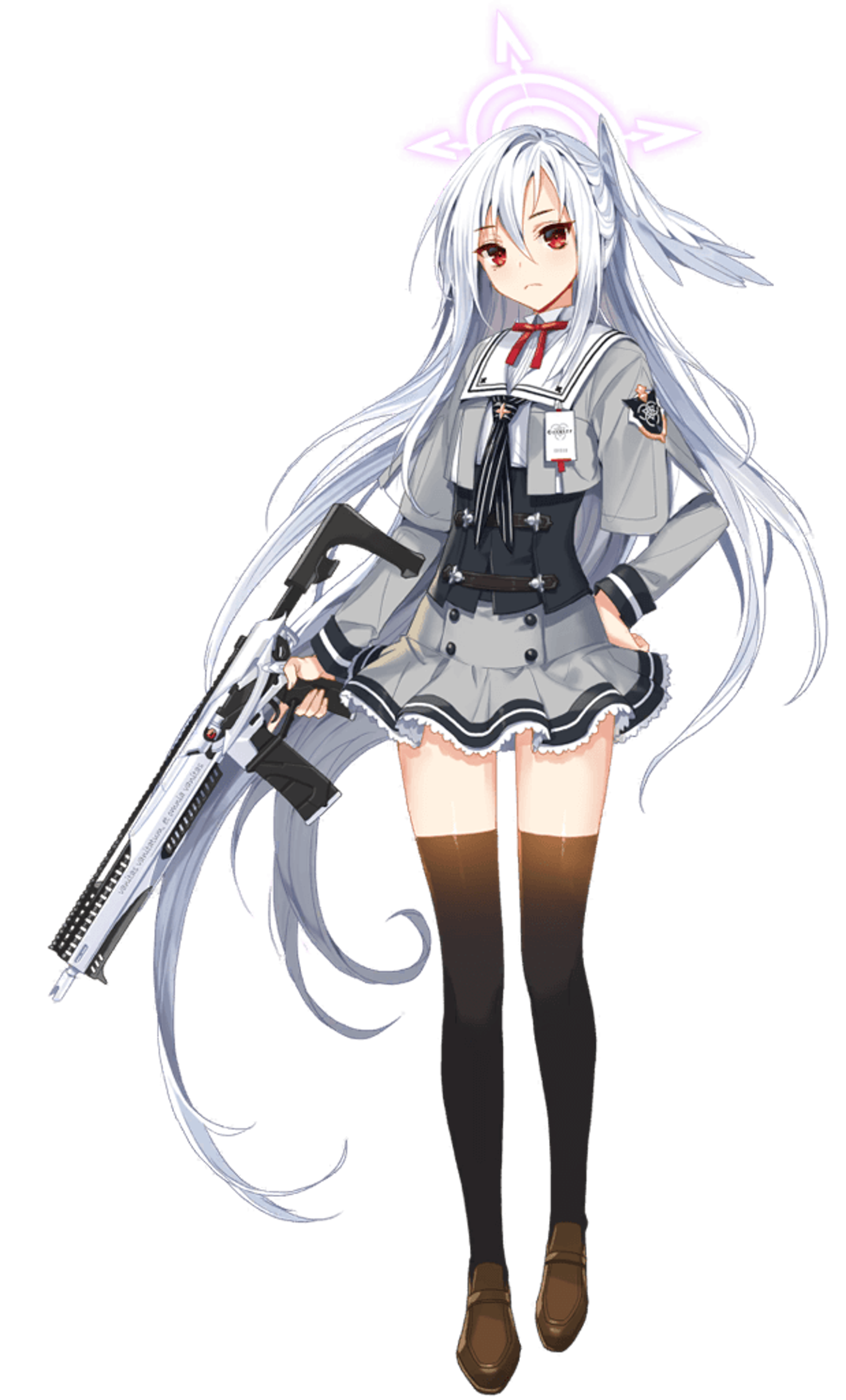 An anime-style character with silver hair, pink cat-like ears, and a stern expression, wearing a school uniform and holding a weapon.