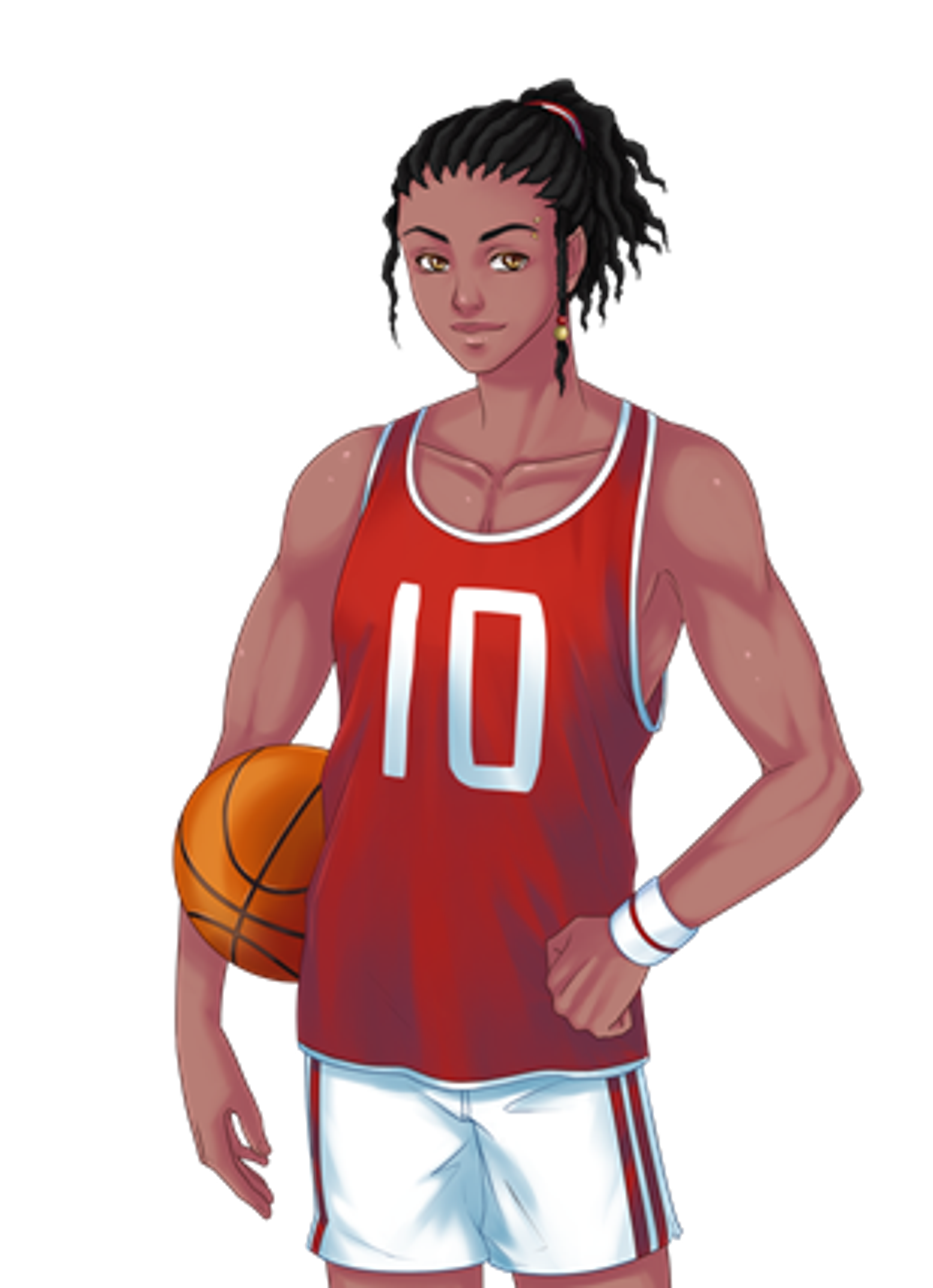 A young adult male character with an athletic build, wearing a red basketball jersey with the number 10, and having semi-long black hair tied back and an eyebrow piercing.