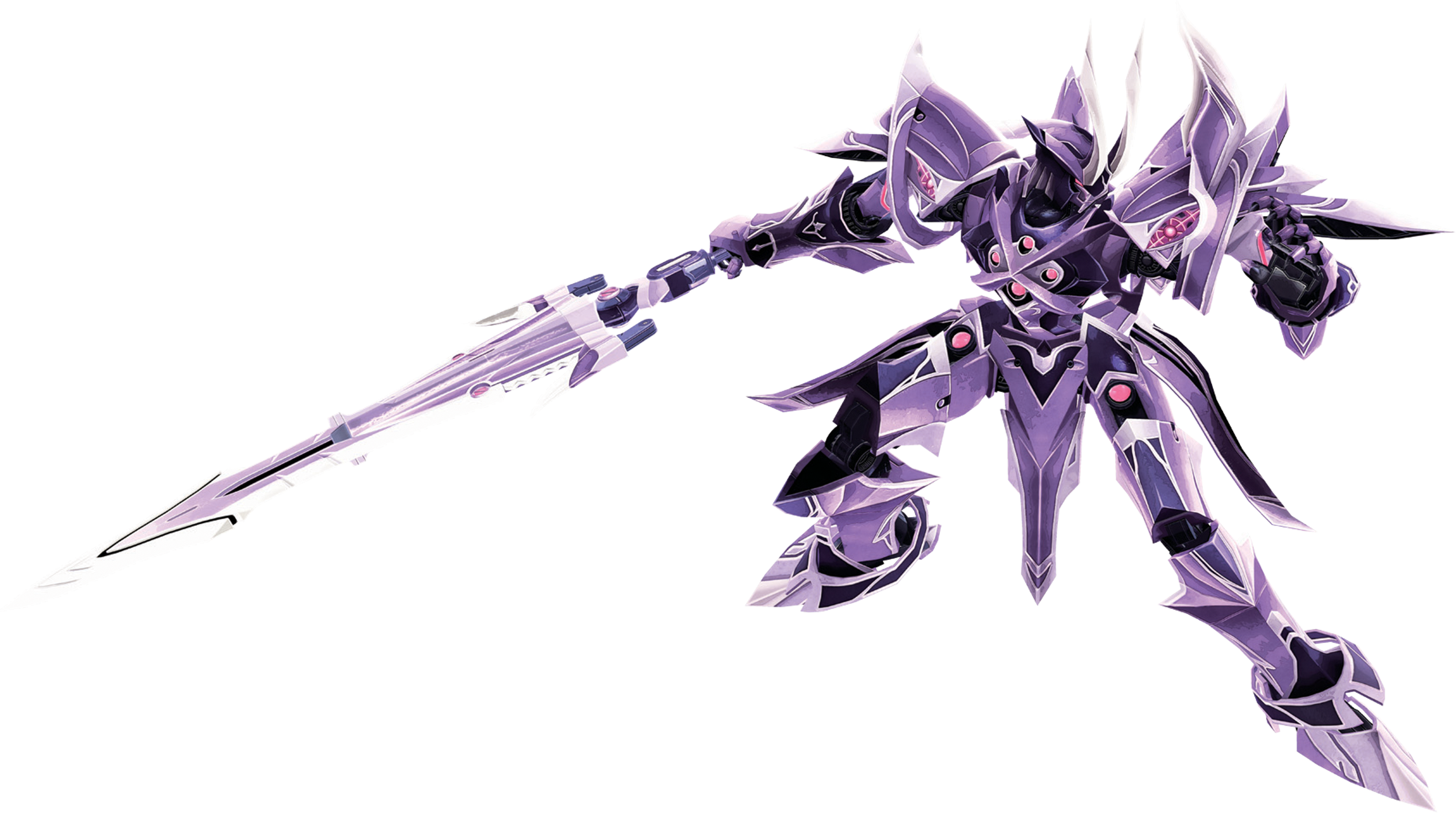A powerful, mech-like Divine Knight in dark purple armor, wielding a large spear.