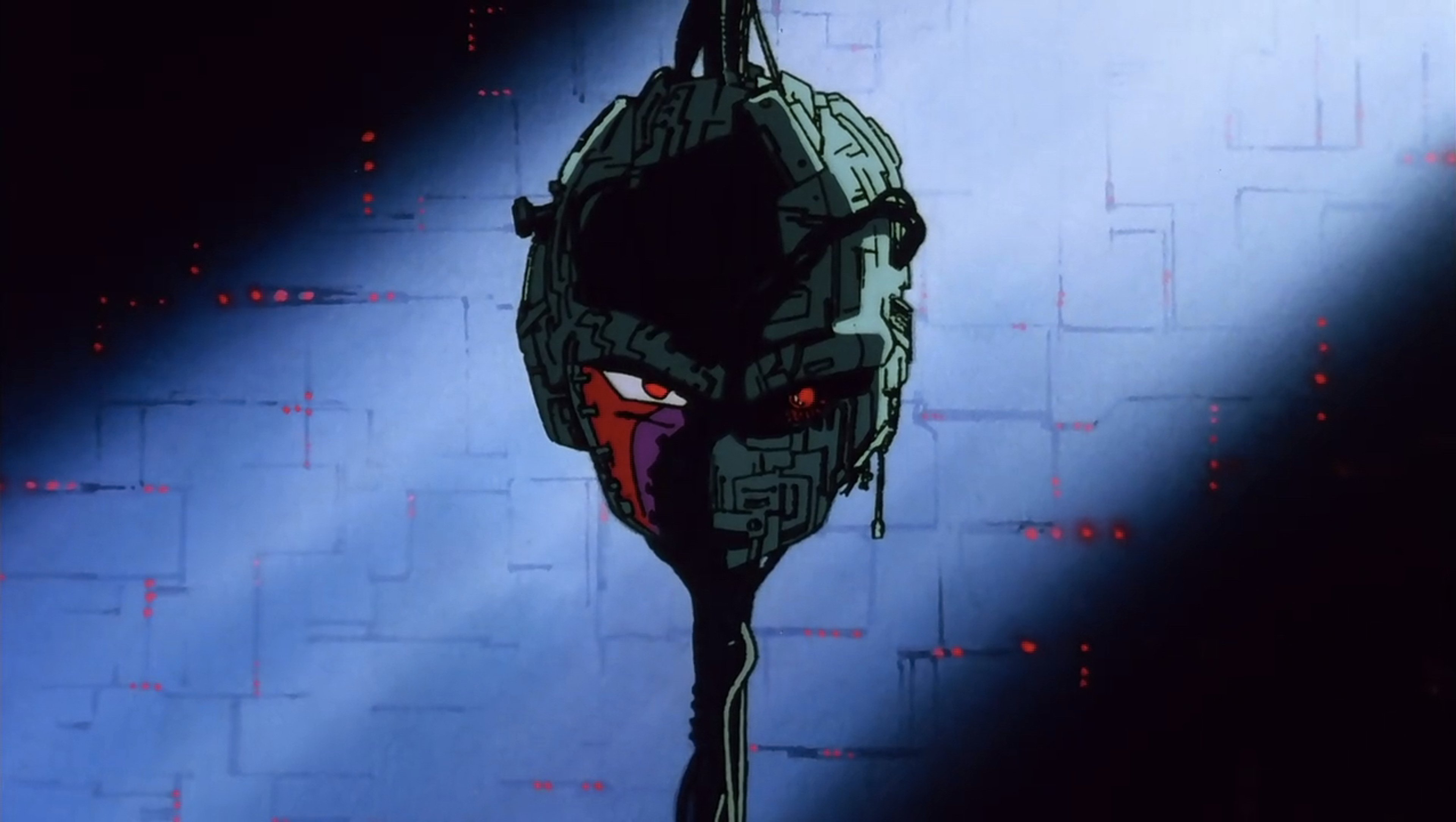 A large, cybernetic entity with a green and red color scheme and a menacing expression.