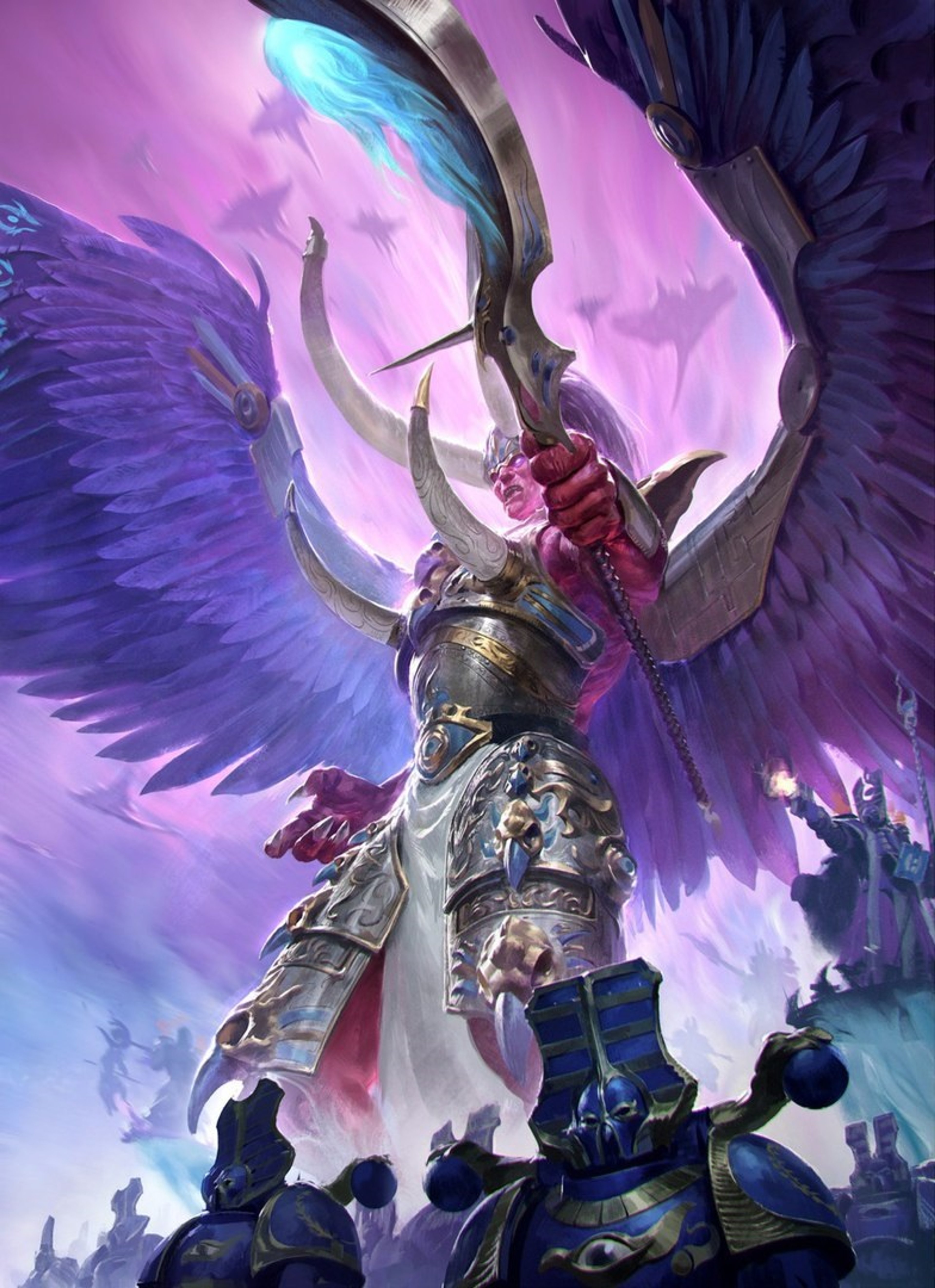 A powerful, winged, crimson-skinned figure in ornate golden armor, surrounded by a swirling purple energy field.