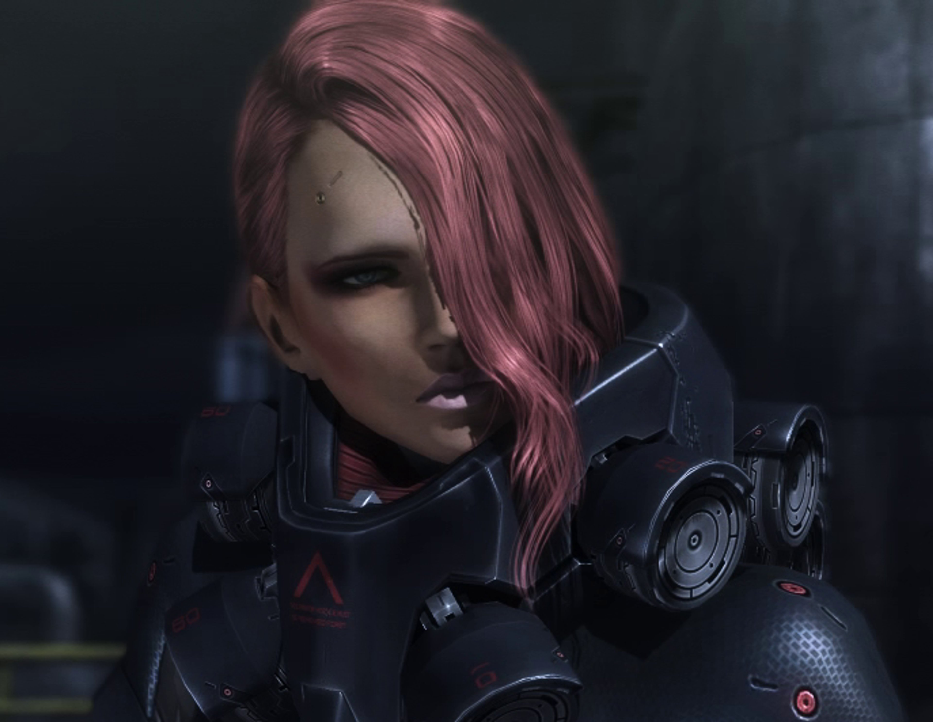 A woman with pink hair wearing a black military outfit and holding a weapon