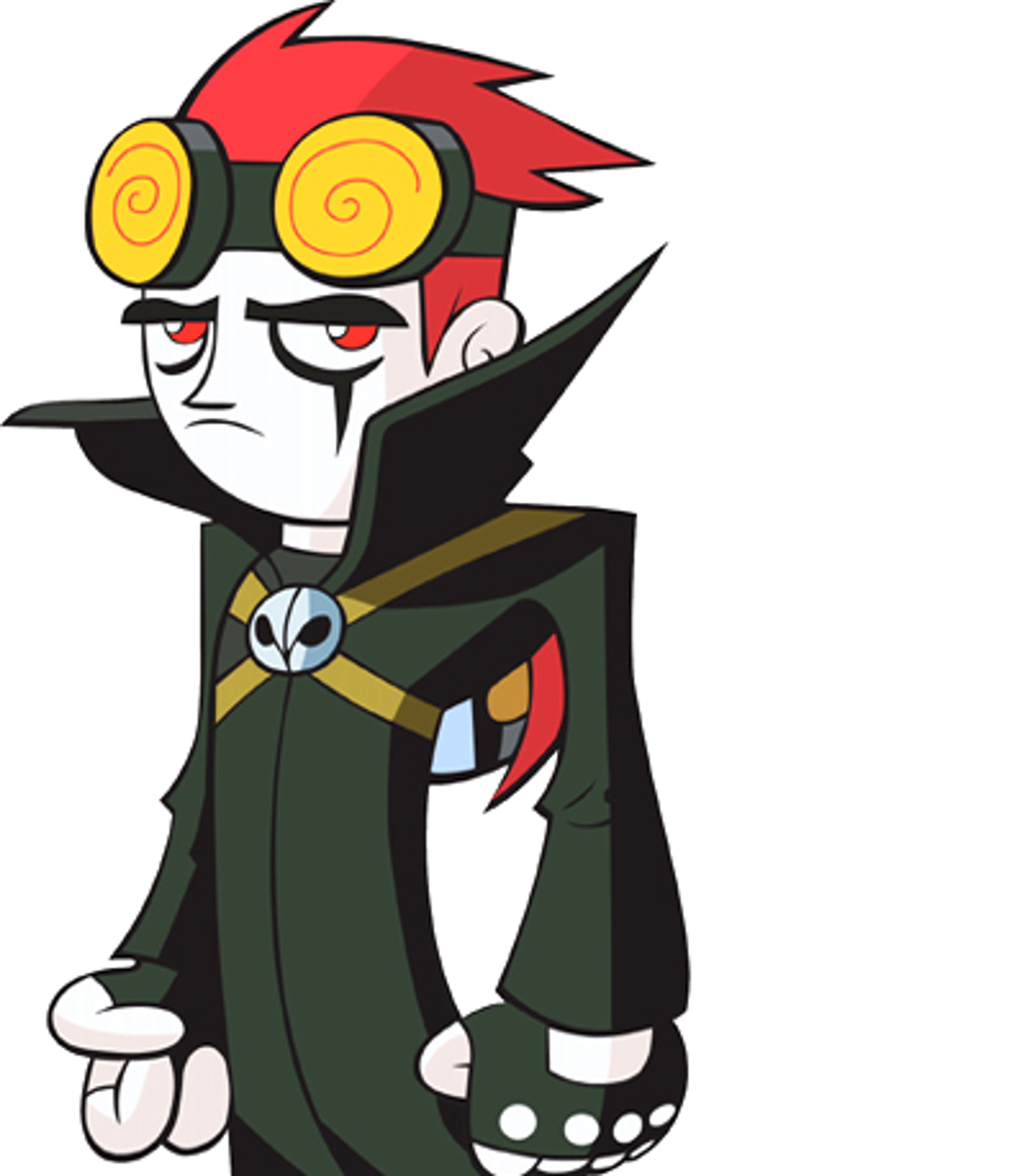 An animated character with a pale complexion, red hair, and a black trench coat