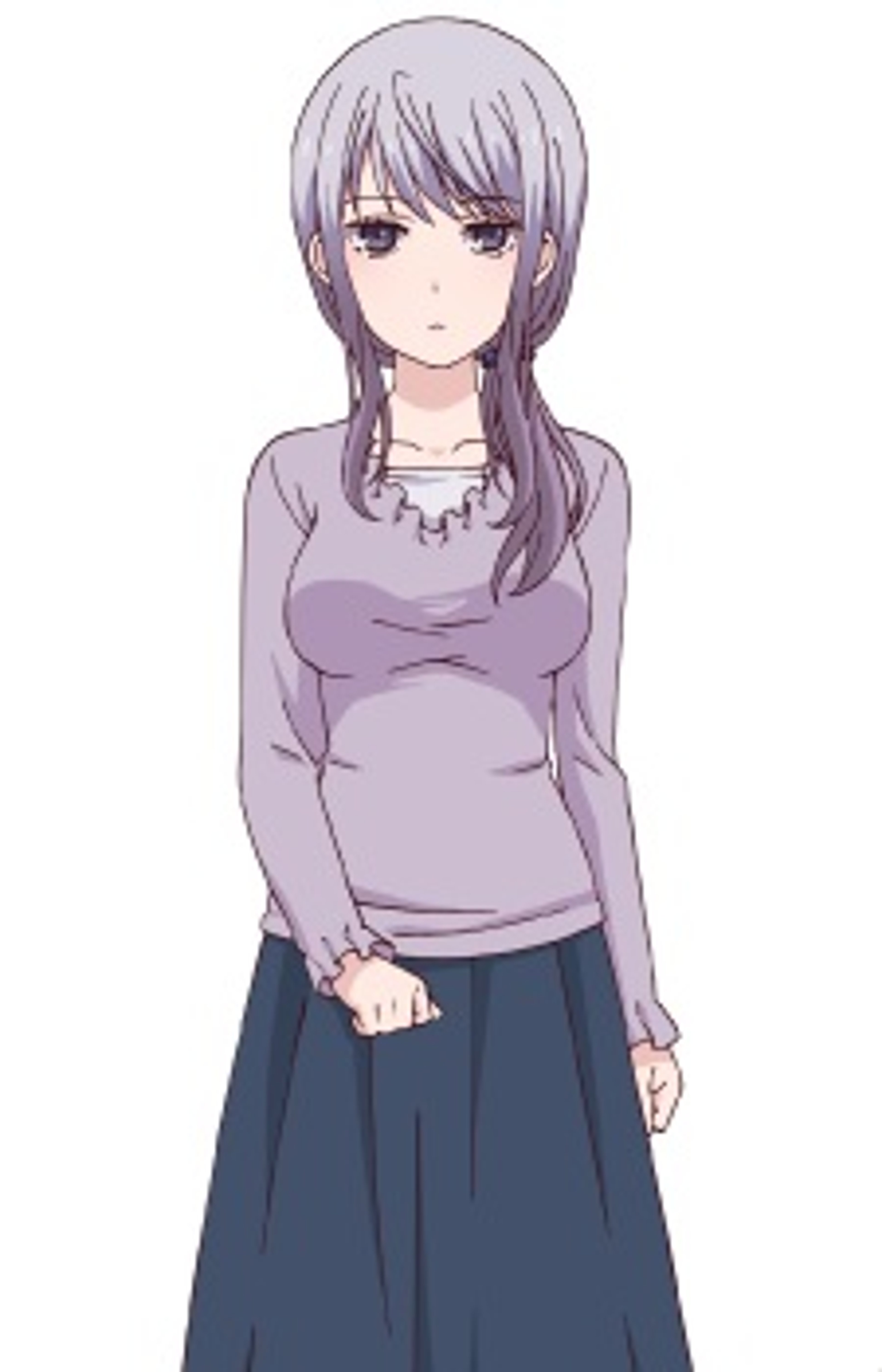 A woman with long, light-colored hair in a ponytail wearing a purple sweater