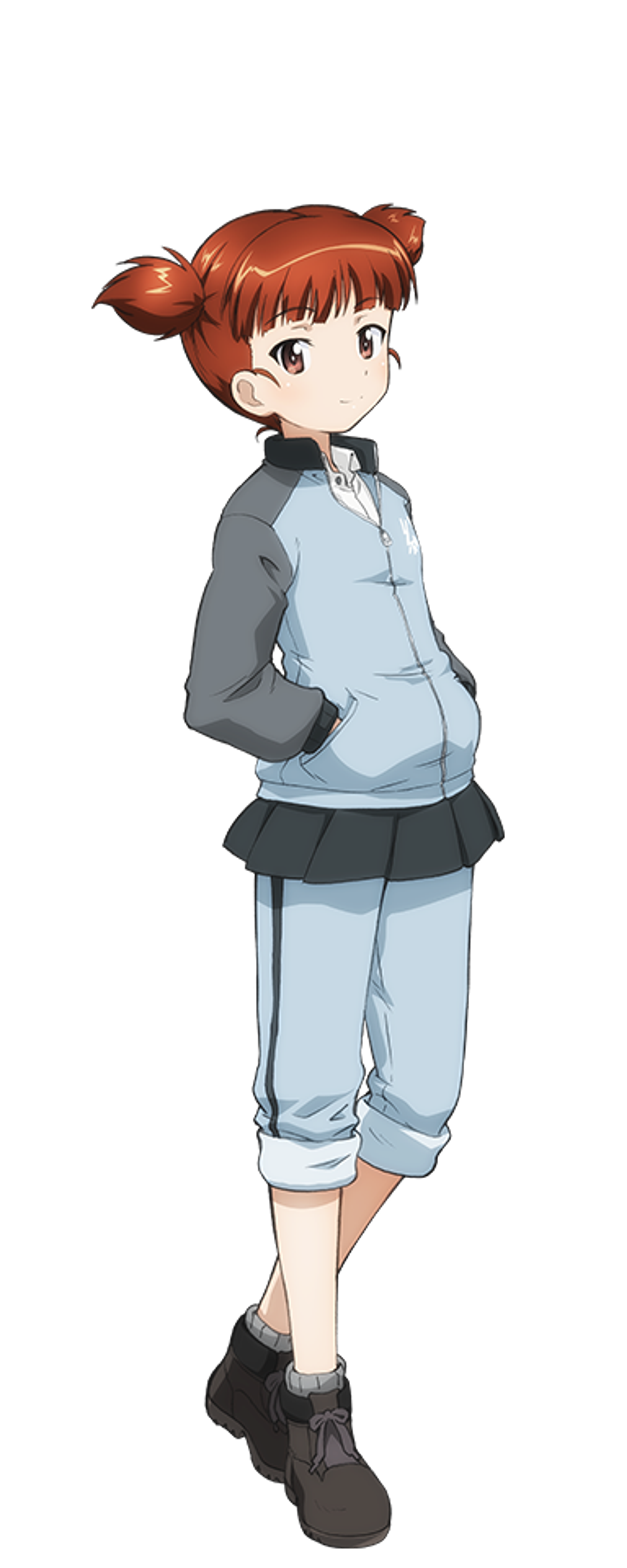 An anime-style character with twin pigtails wearing a gray jacket, blue skirt, and black boots.