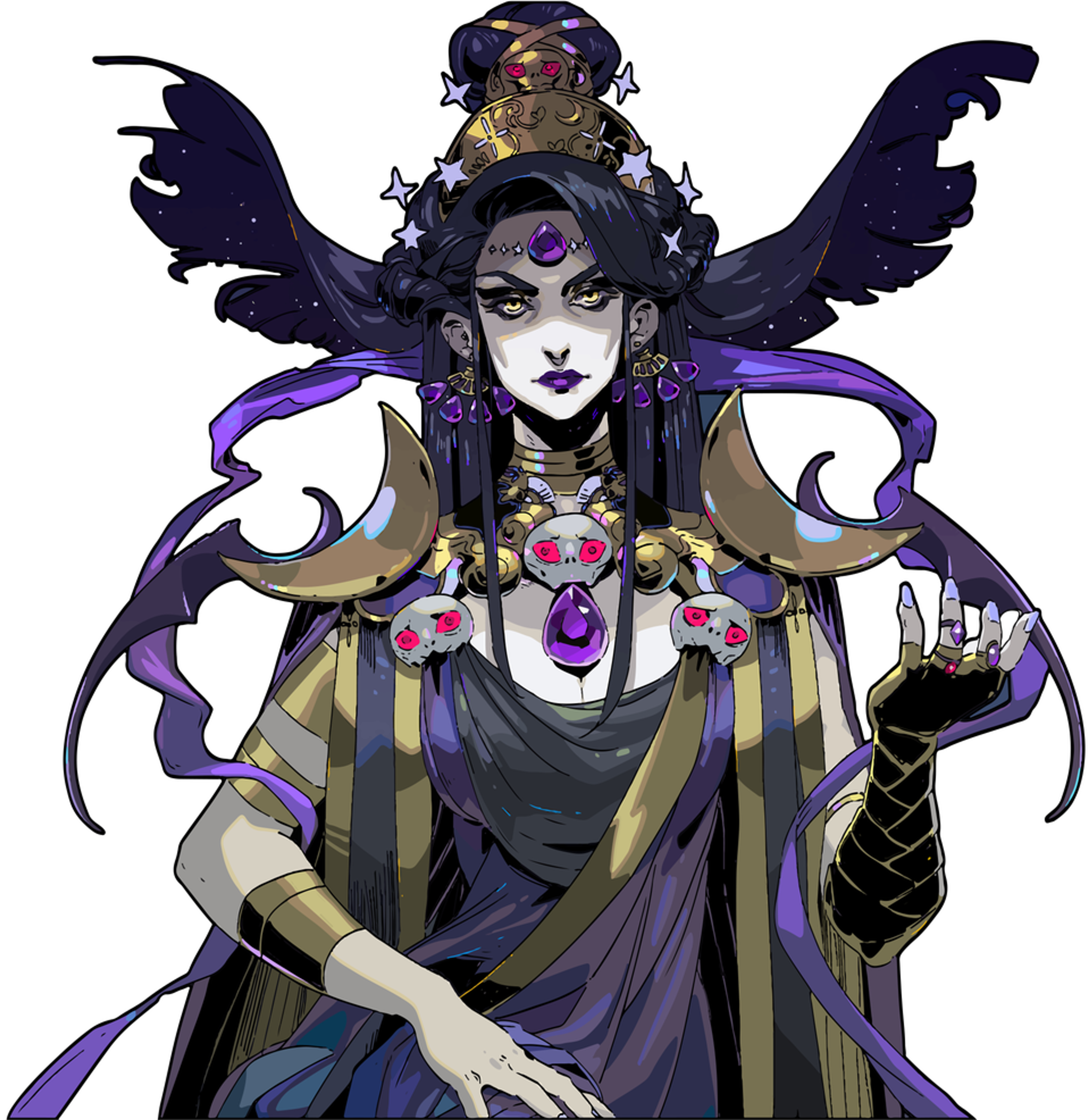 A powerful, mysterious female figure with pale skin, yellow eyes, and dark hair, dressed in regal robes and a golden crown.