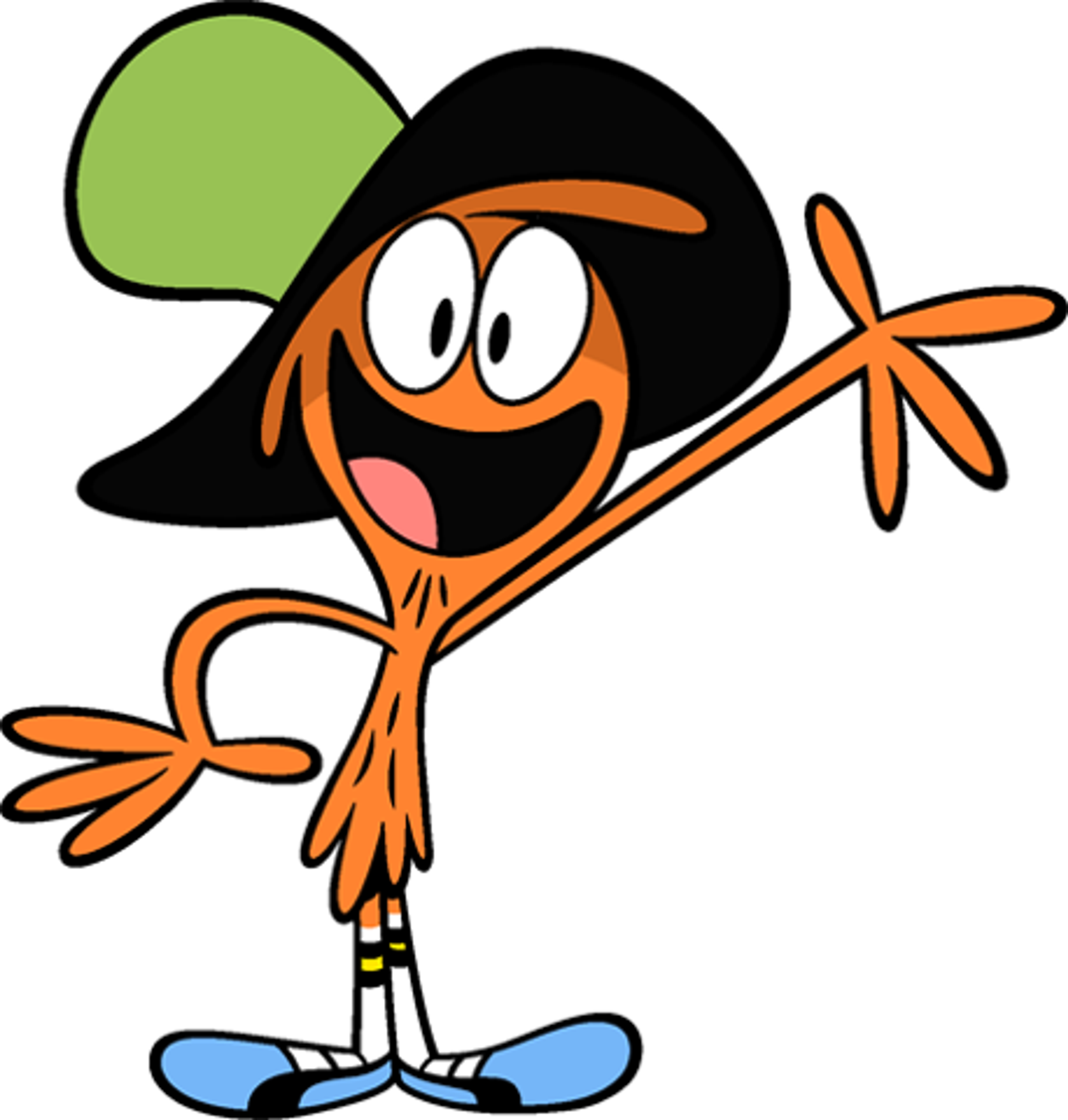 An animated character with an orange body, large eyes, and a wide smile, wearing a blue hat.