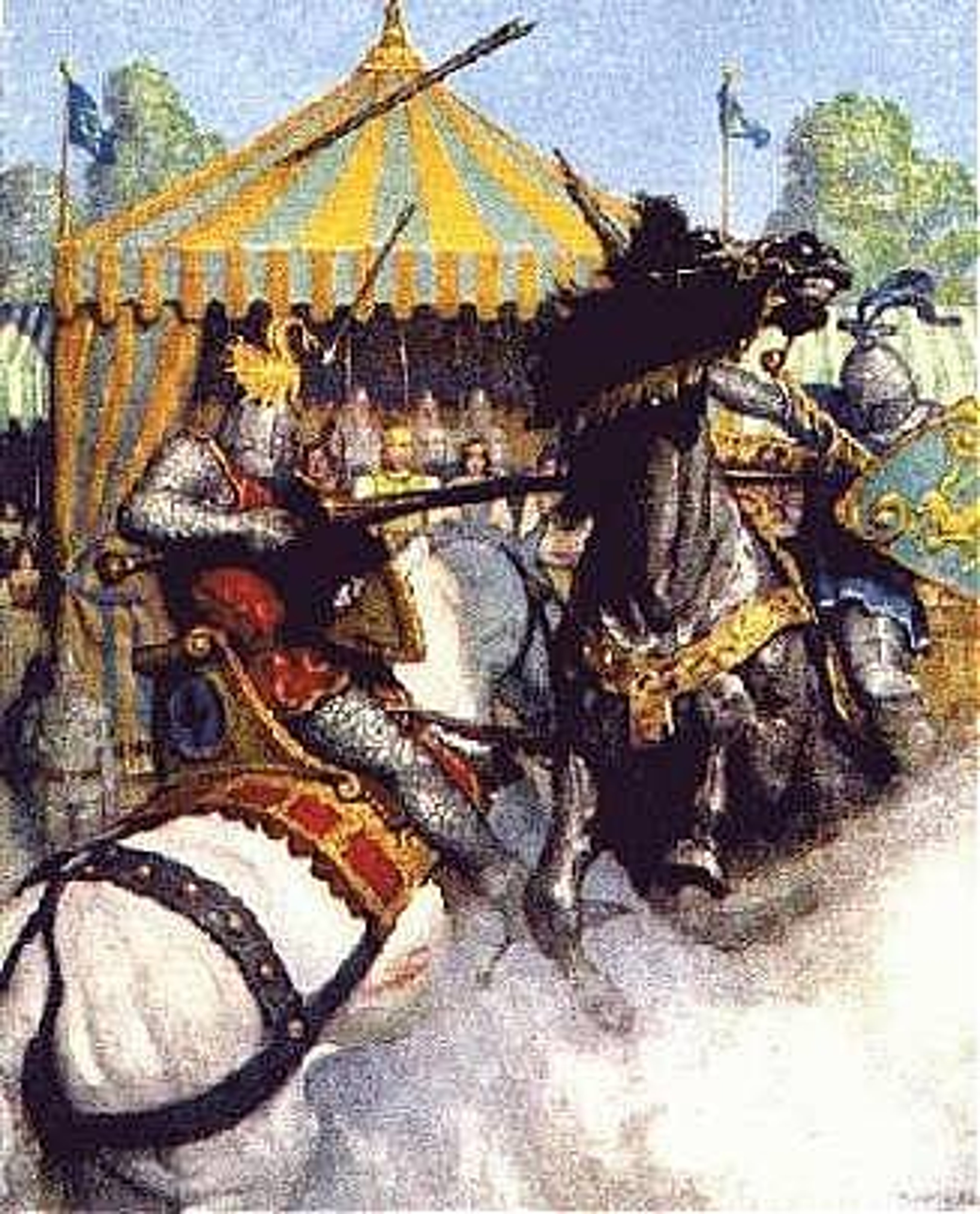A medieval scene with knights and an ornate tent or pavilion