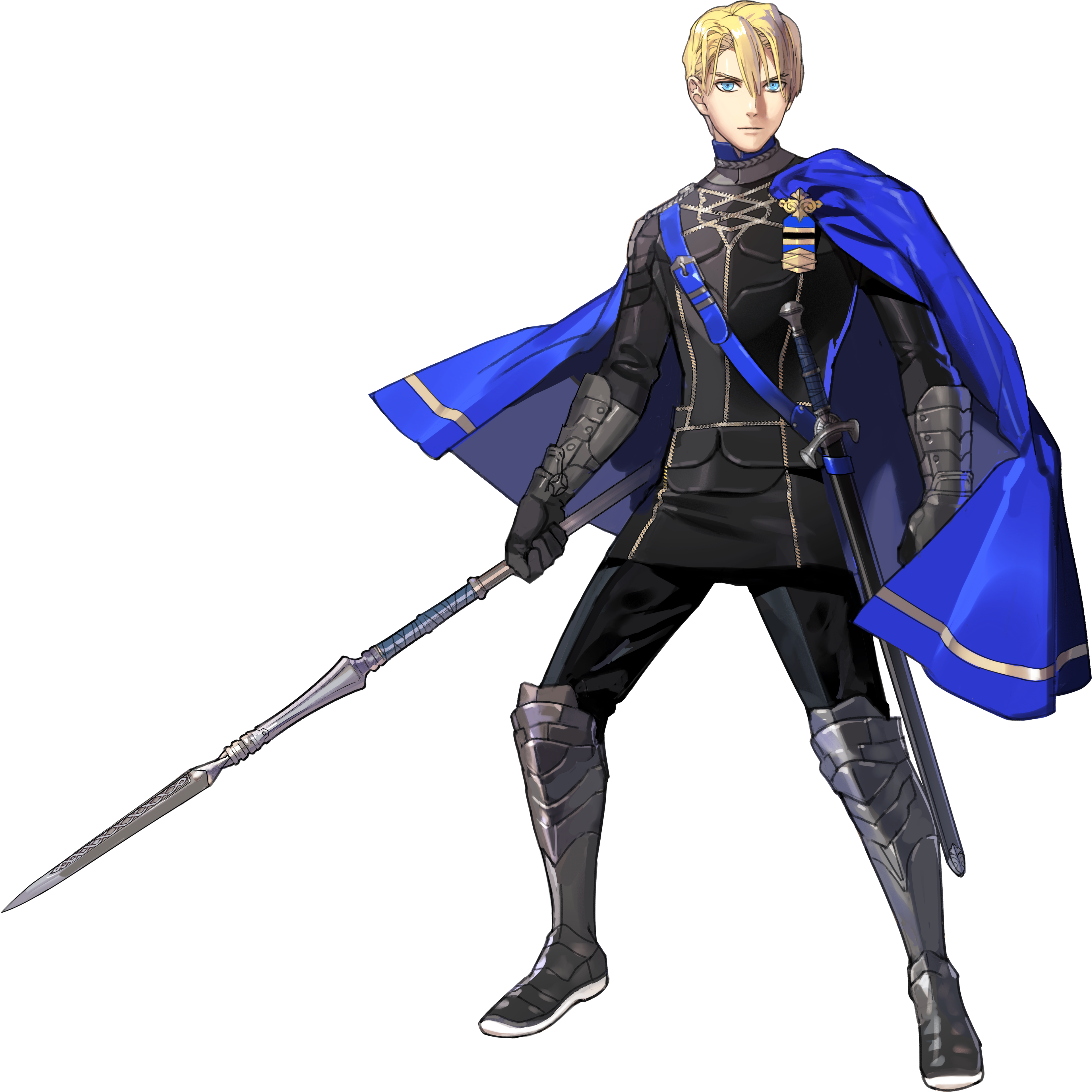 A male fantasy warrior character with blonde hair and a blue military uniform, holding a large spear-like weapon.