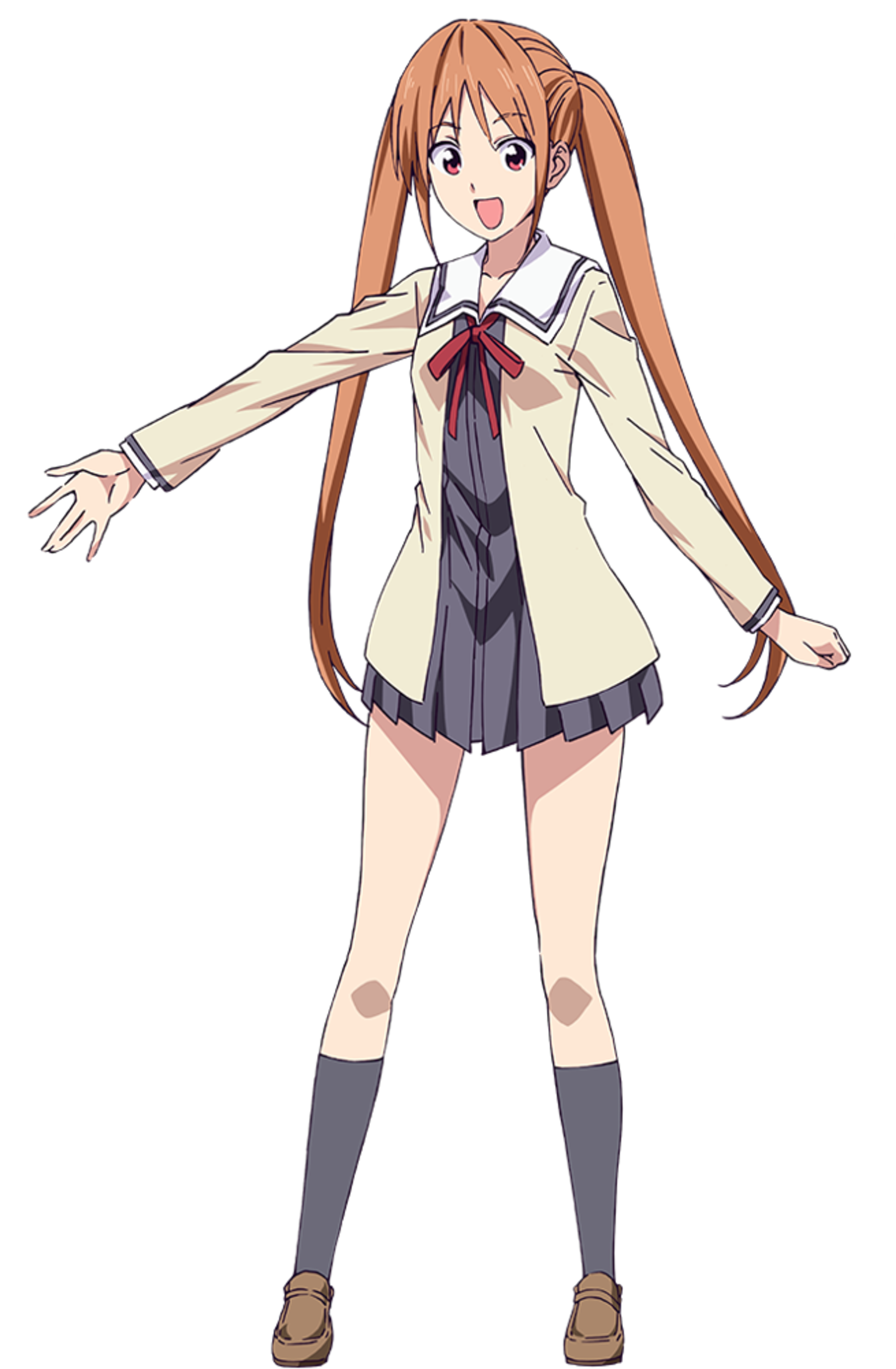 An anime-style character with orange hair in a school uniform, posing with arms outstretched.