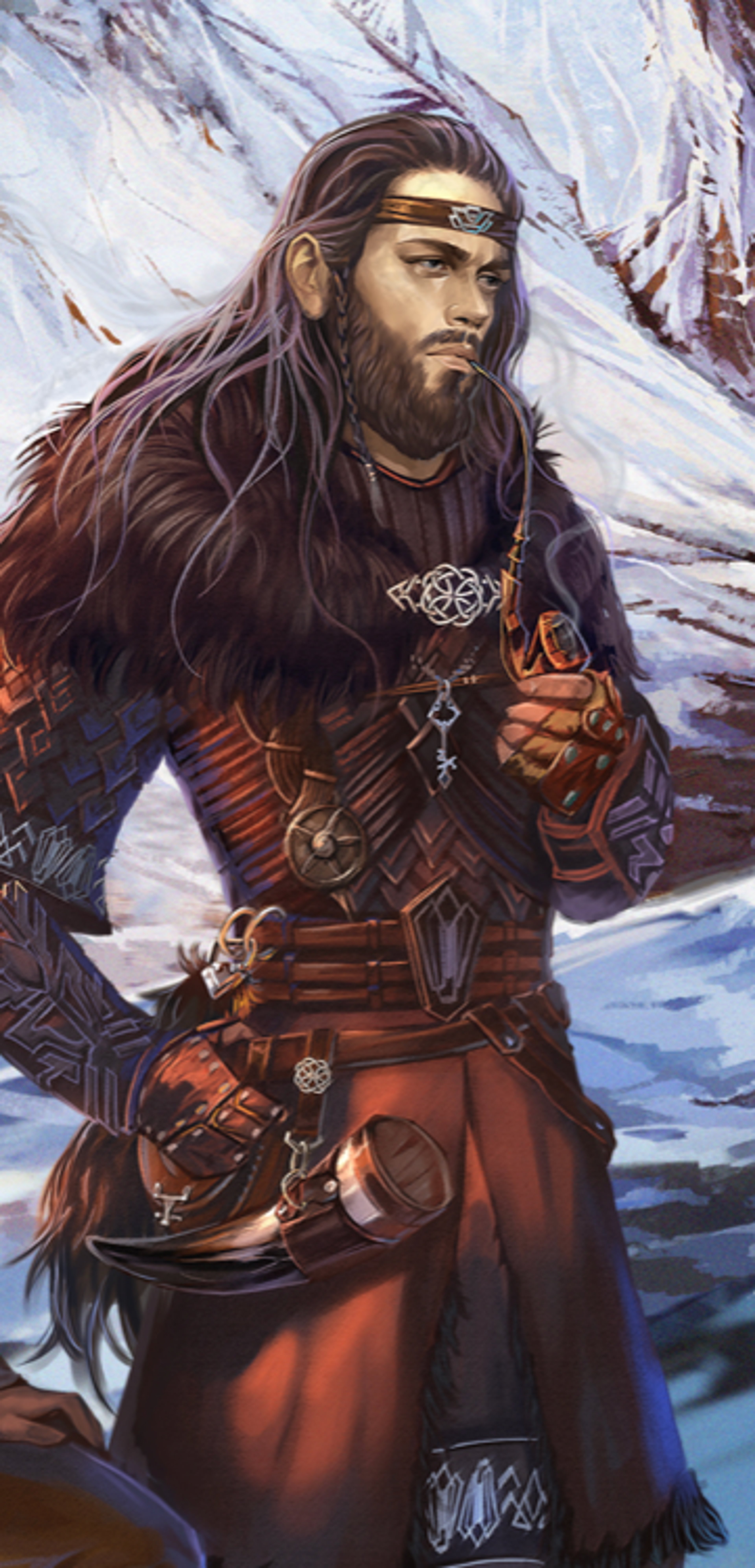 A Dwarf warrior character named Thorin Oakenshield standing in a snowy, mountainous landscape.