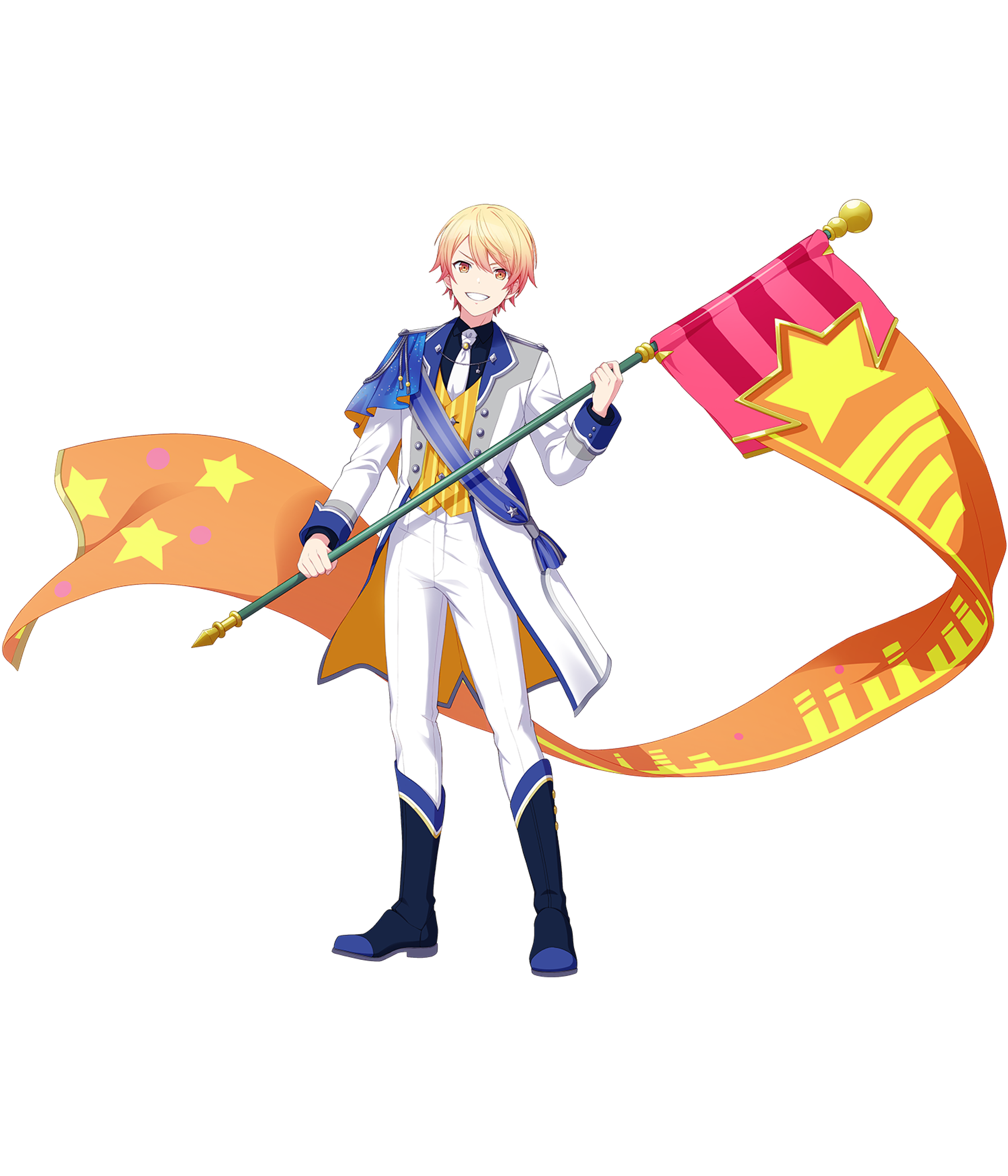 A confident, charismatic young man in a white uniform with gold accents and a red cape, appearing to be a performer or entertainer.