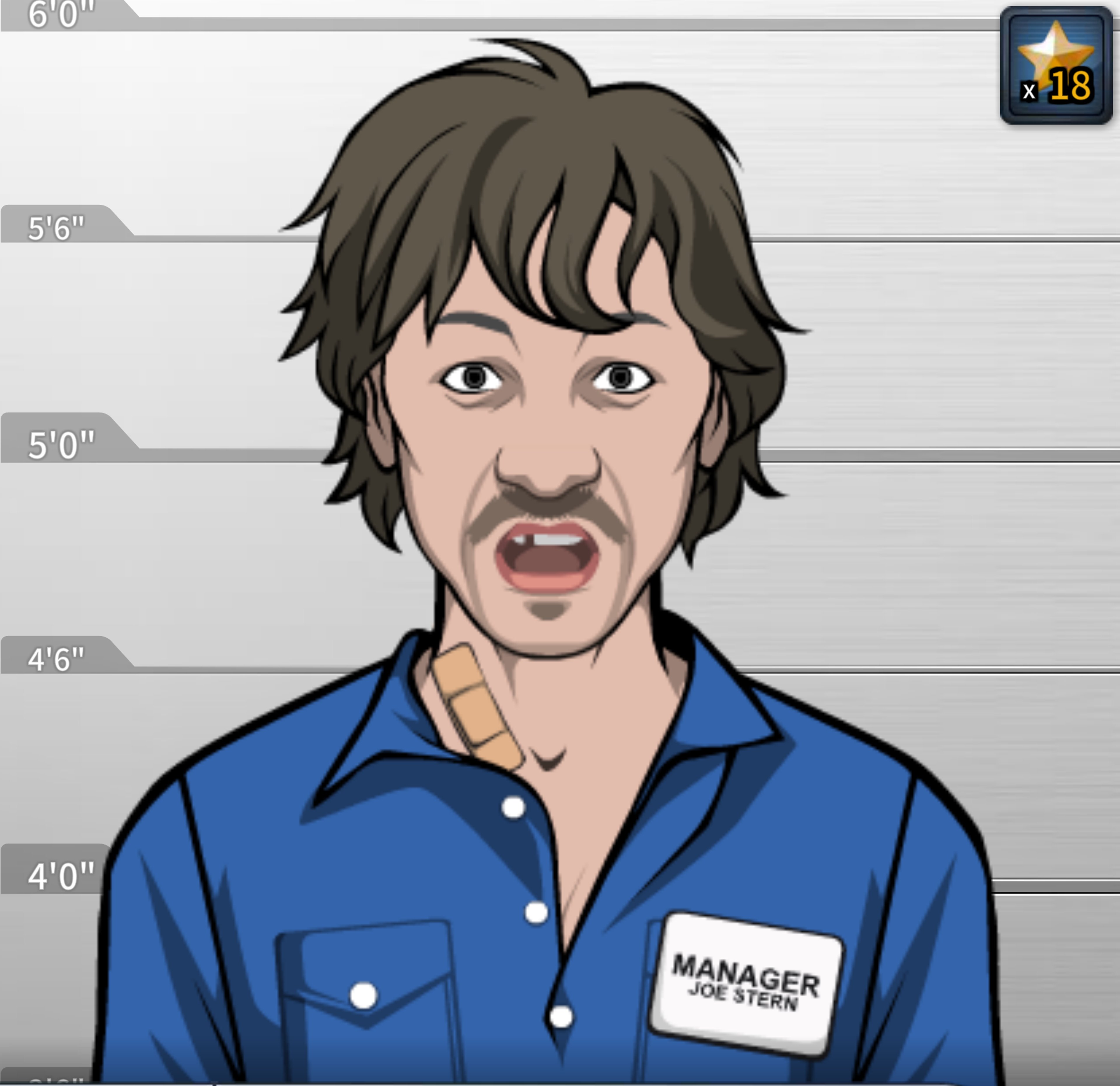 A middle-aged man with a stern expression, wearing a blue shirt with a manager badge.