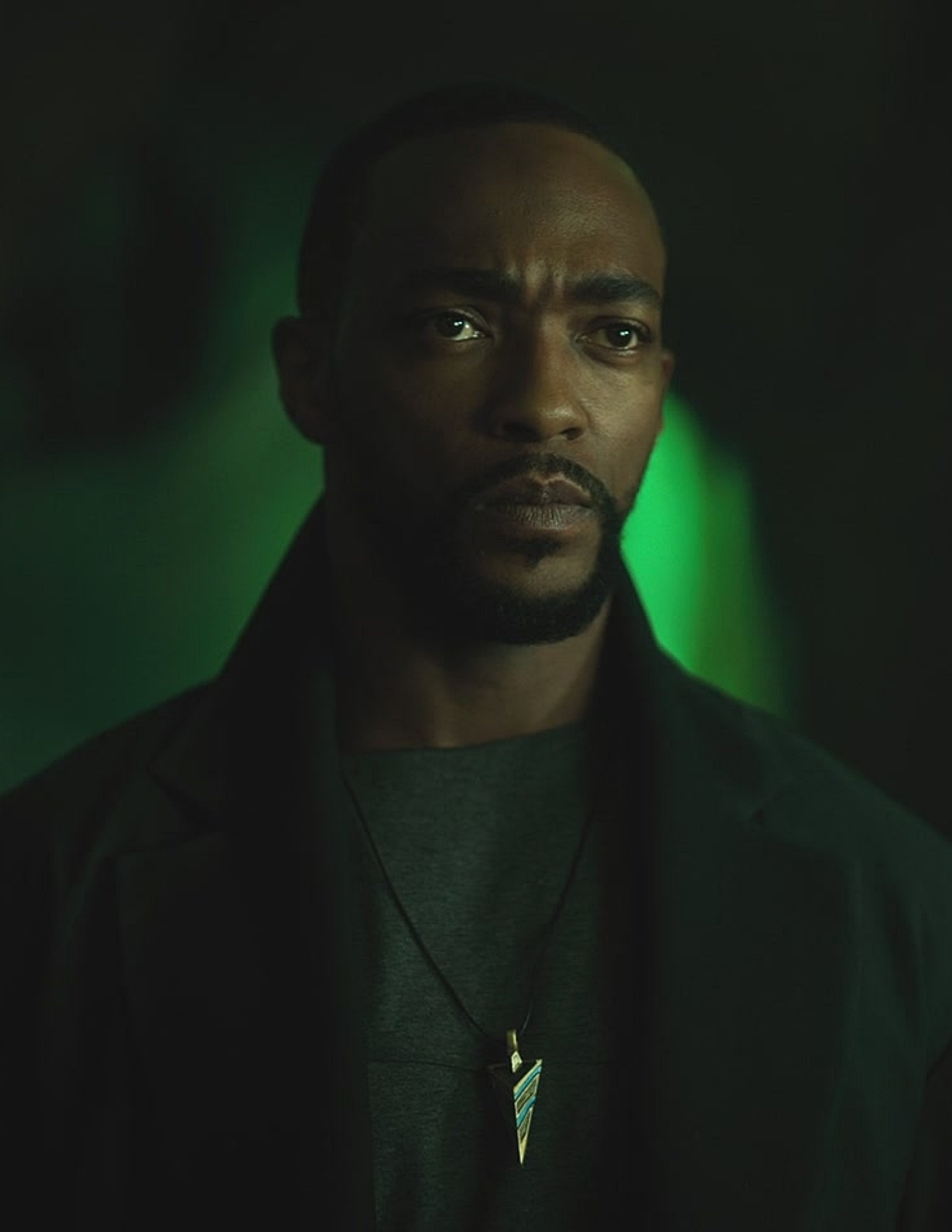 A close-up portrait of a bald, dark-skinned man with a serious expression