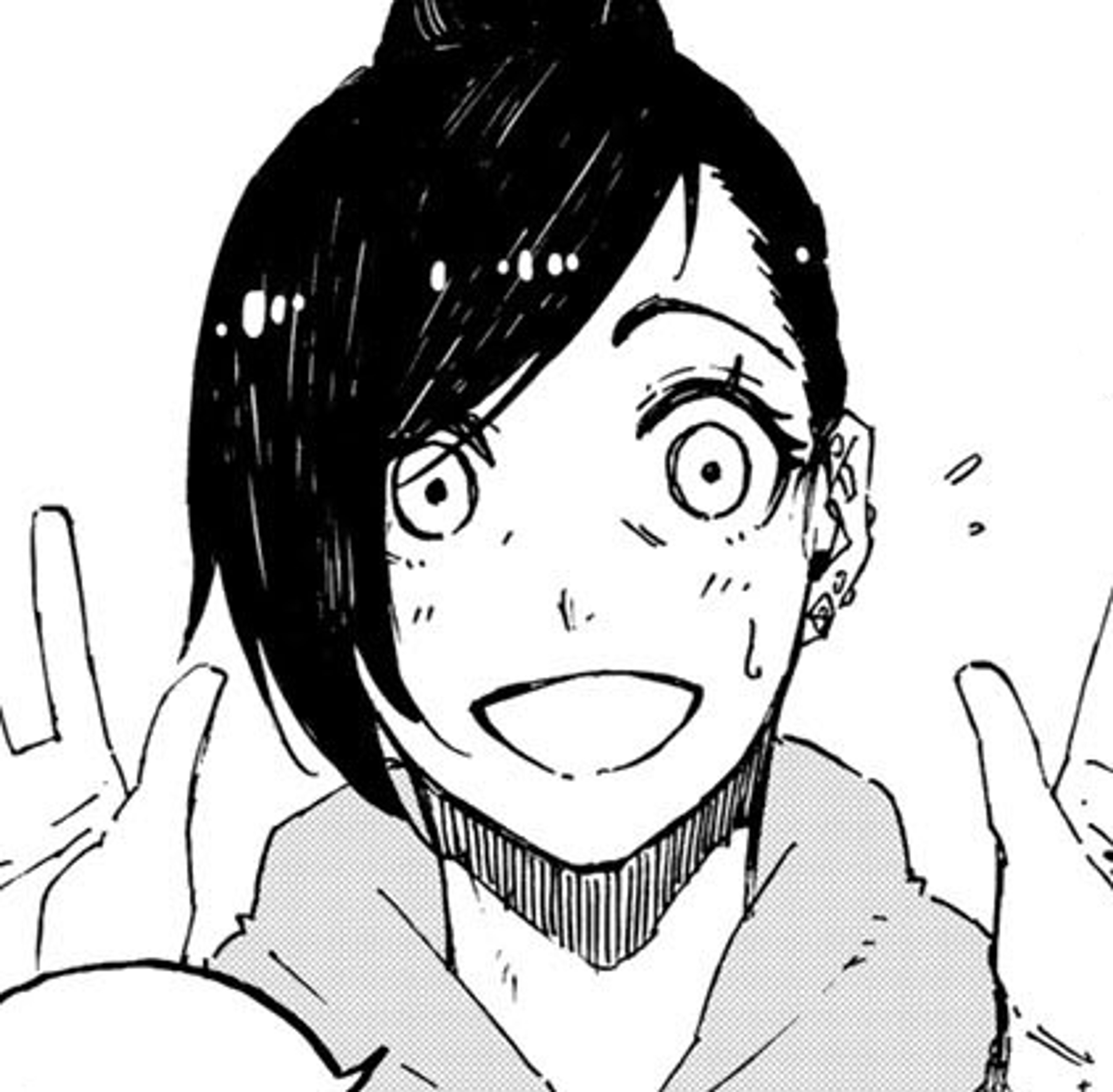 An anime-style illustration of a young woman with long dark hair and a cheerful, excited expression.