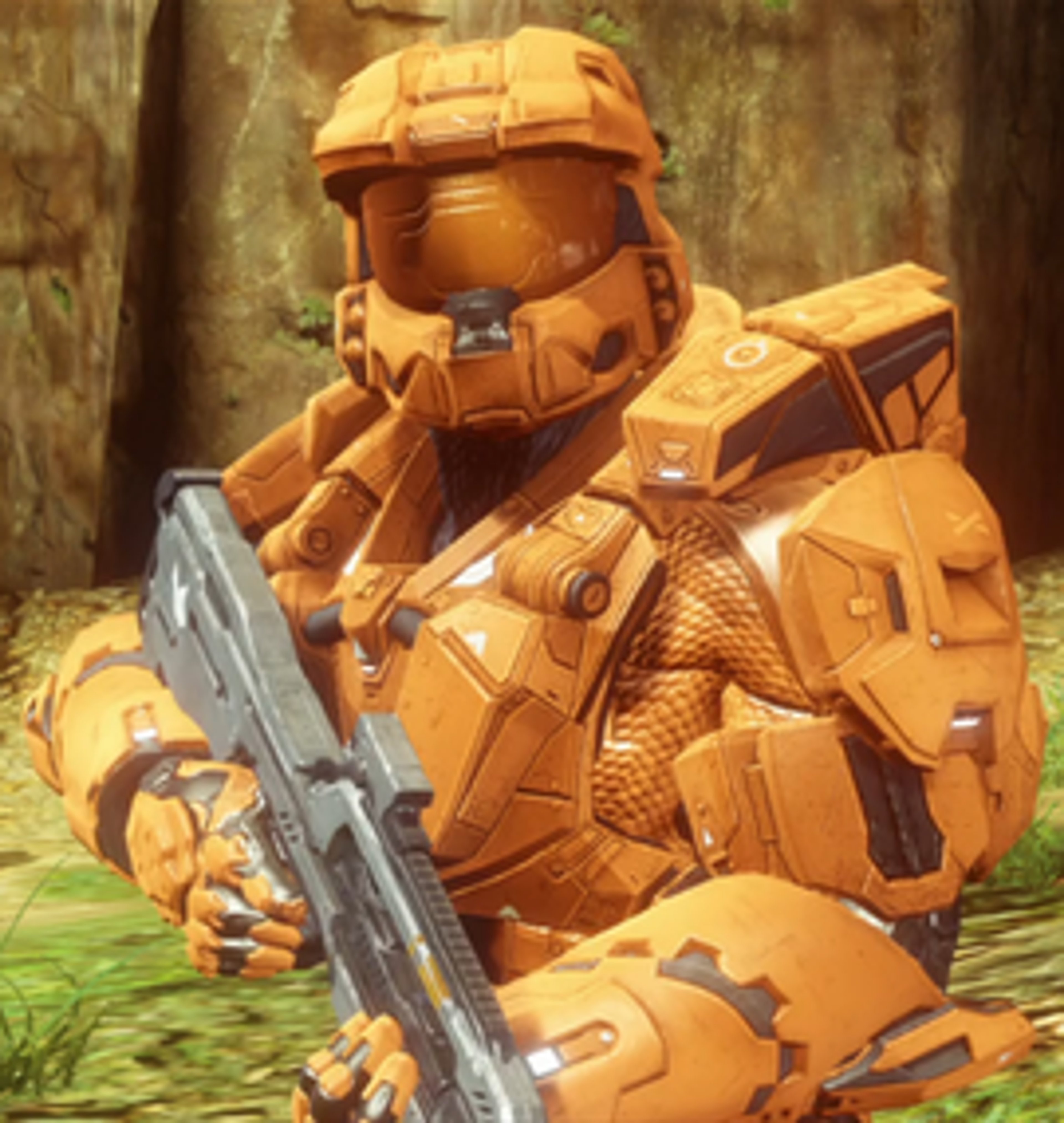 A heavily armored, orange-colored robotic character wielding a large weapon