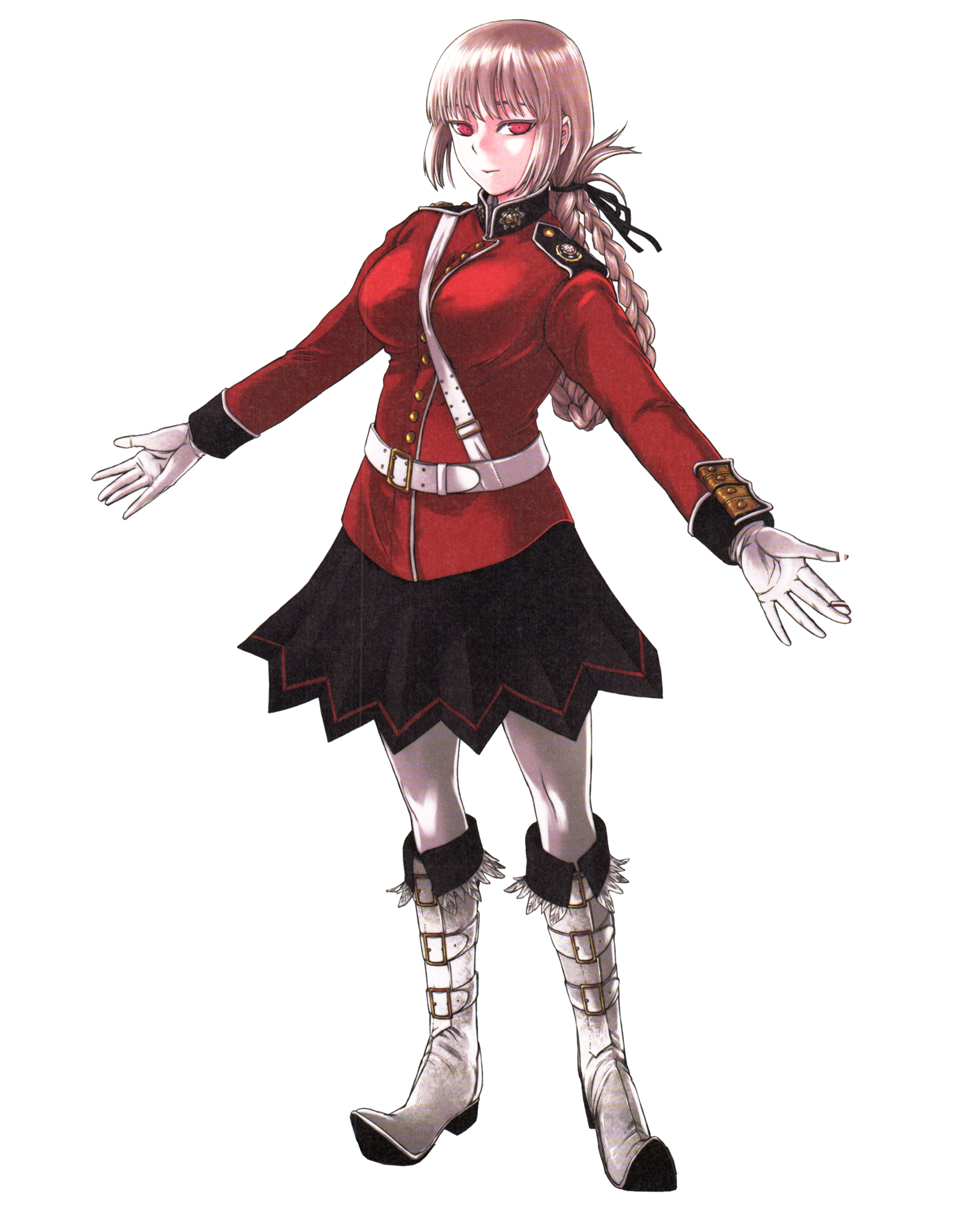 A young woman in a red military uniform with pink hair standing with determination