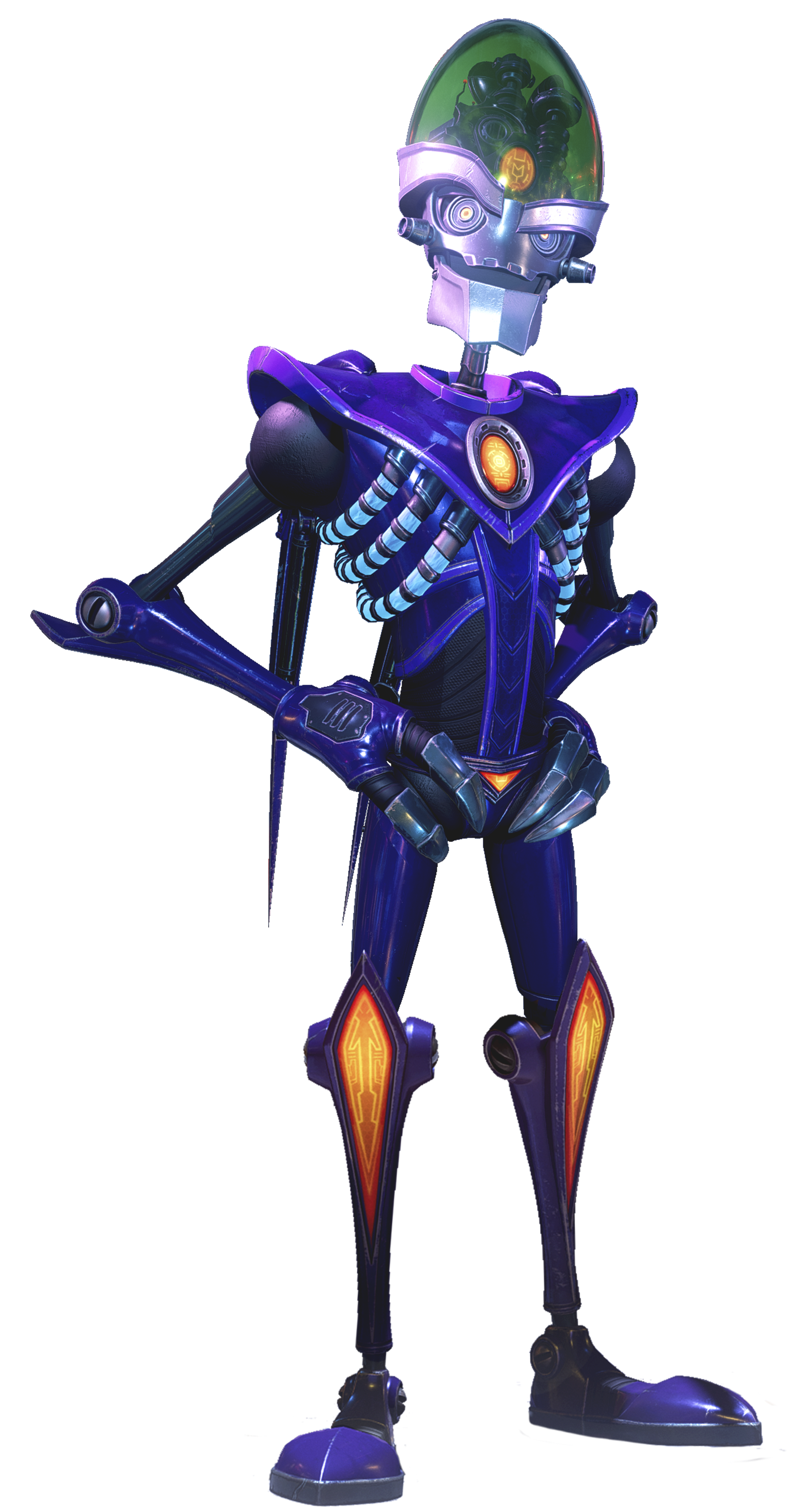 A detailed image of a tall, angular robot character with a purple and black color scheme, appearing to be a villainous or antagonistic figure.