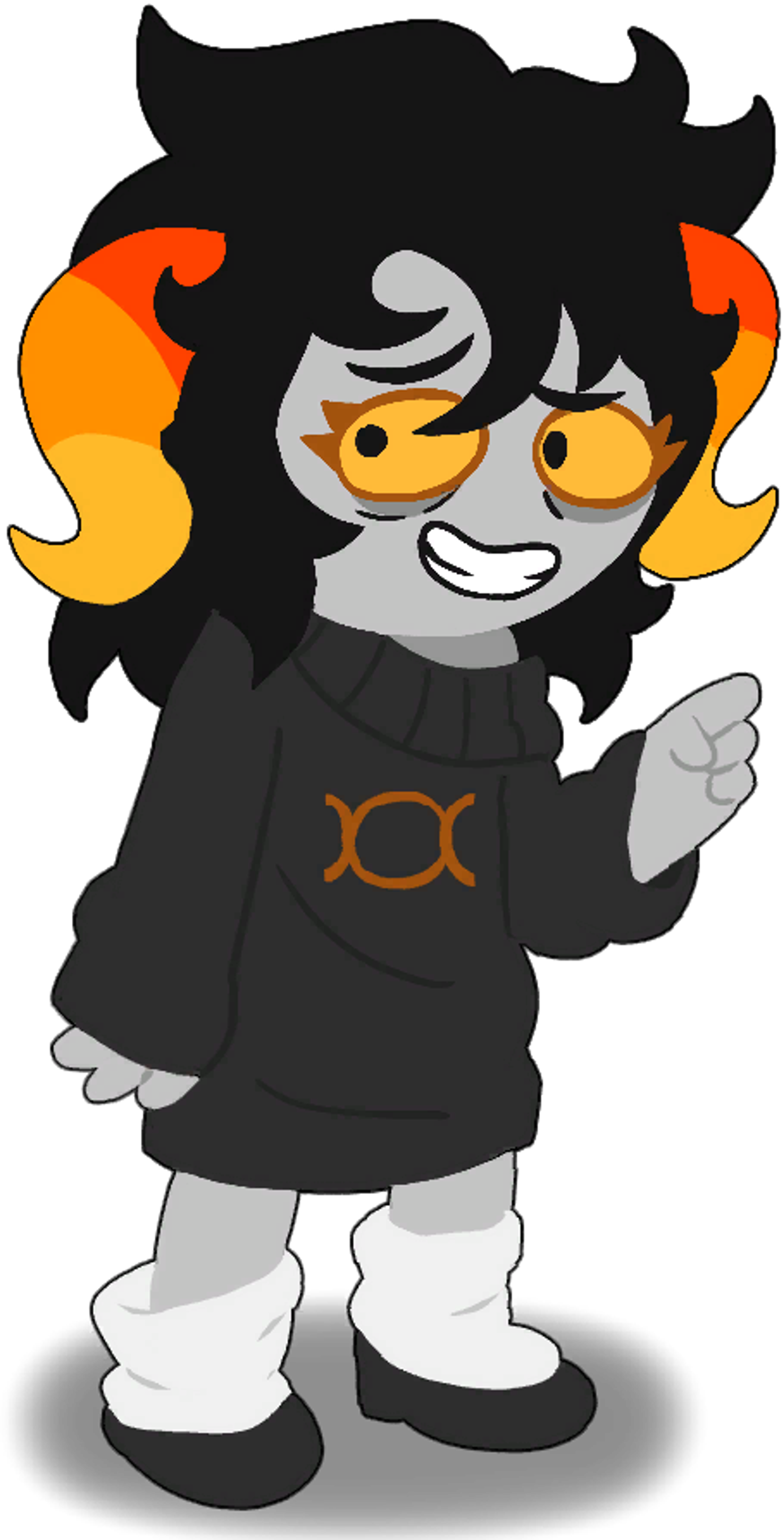 A cartoon character with black hair, large eyes, and a distinctive outfit striking a confident pose.