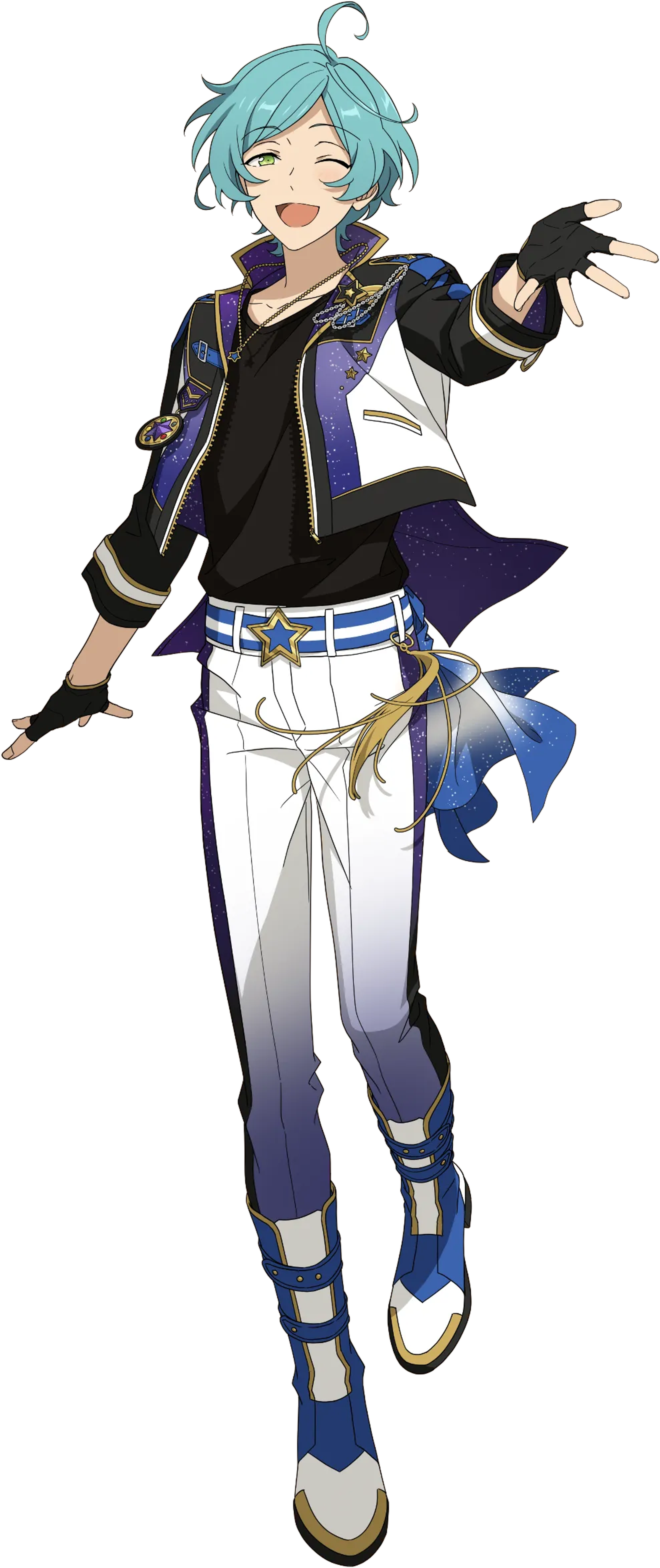 A young man with teal hair wearing a black jacket, white pants, and blue shoes, making a friendly gesture.