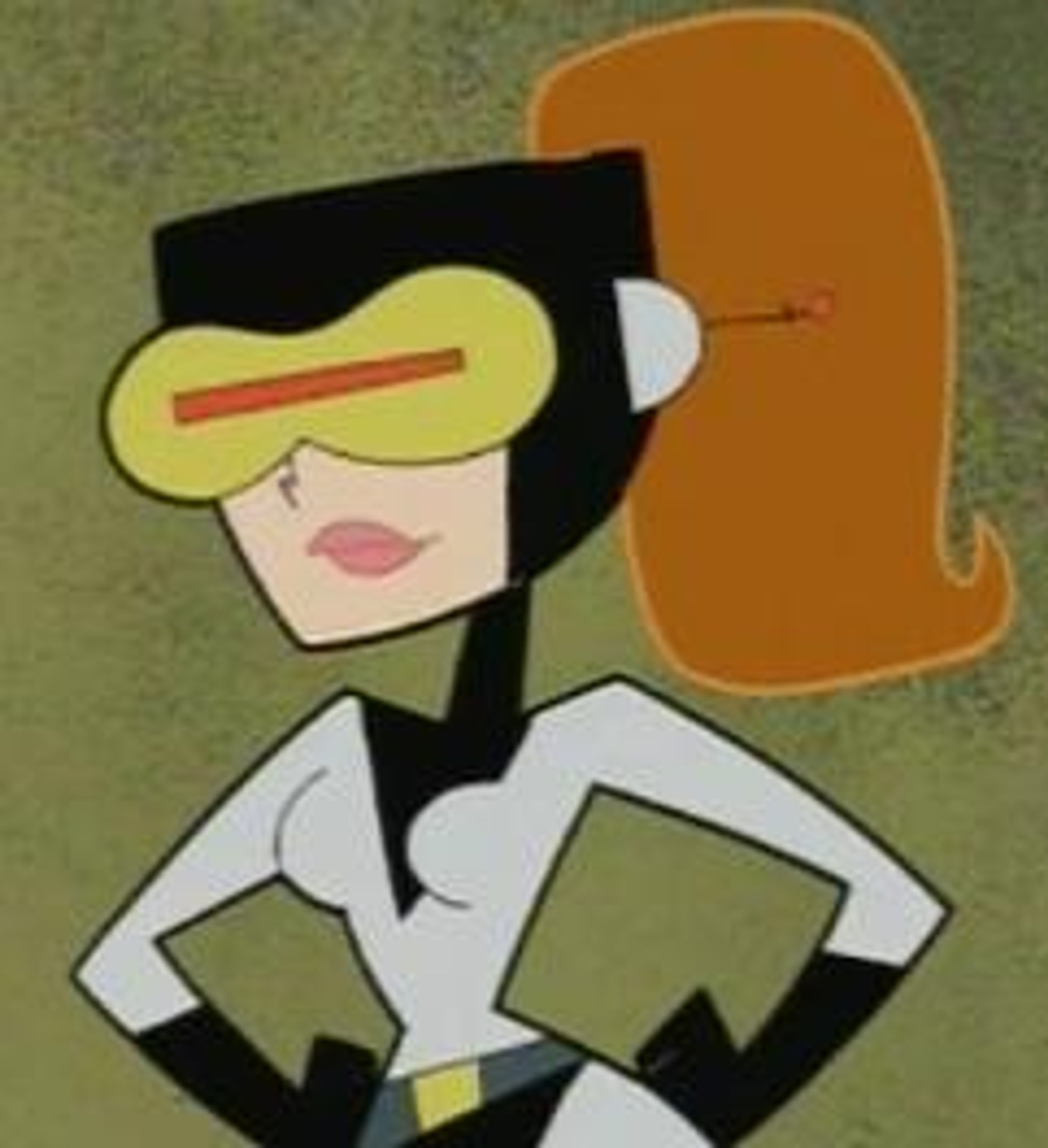 A cartoon-style female Time Squad lieutenant with red hair in a ponytail, wearing a white and black uniform with black boots.