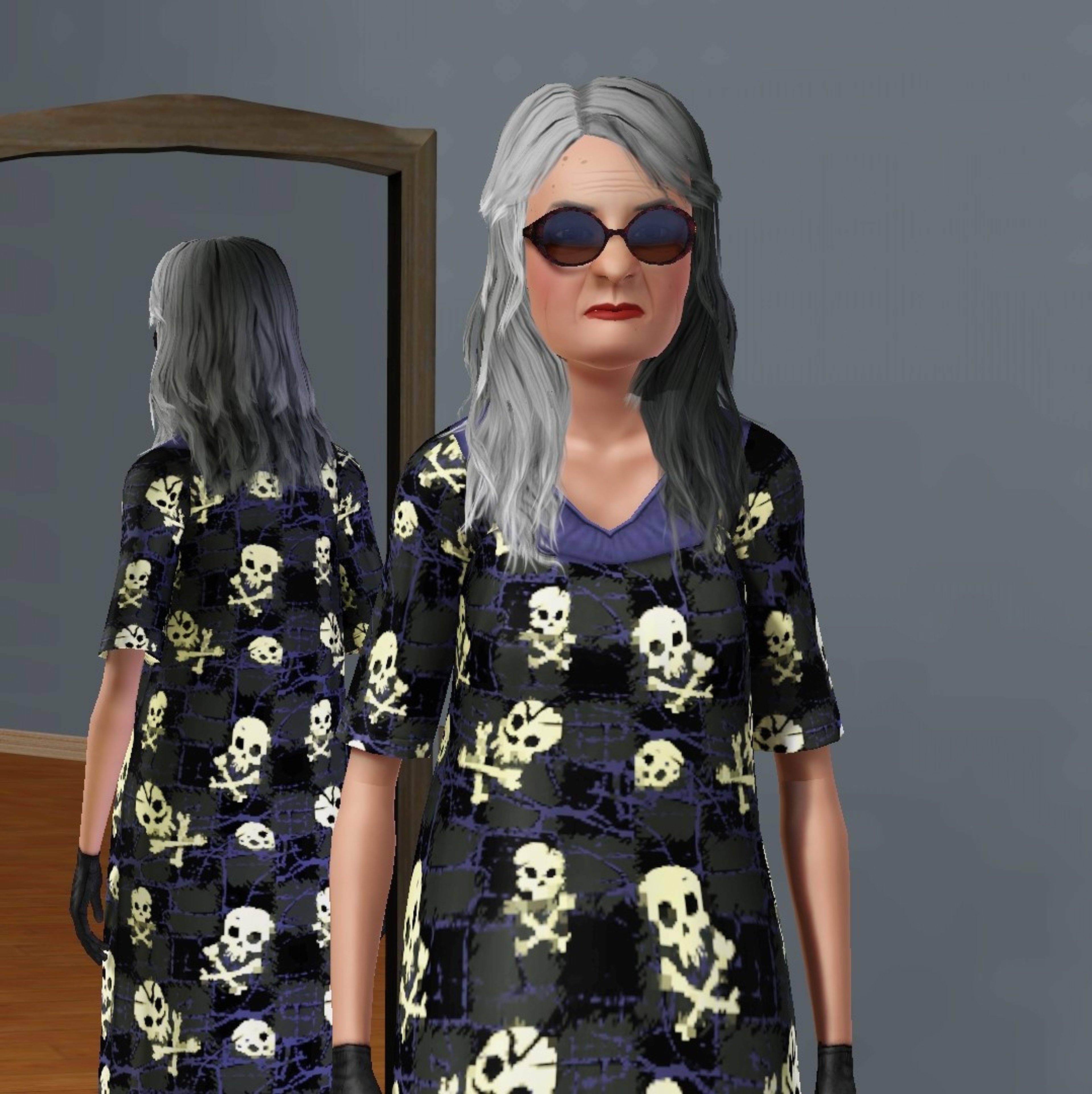 An elderly woman with gray hair wearing a skull-patterned dress and sunglasses