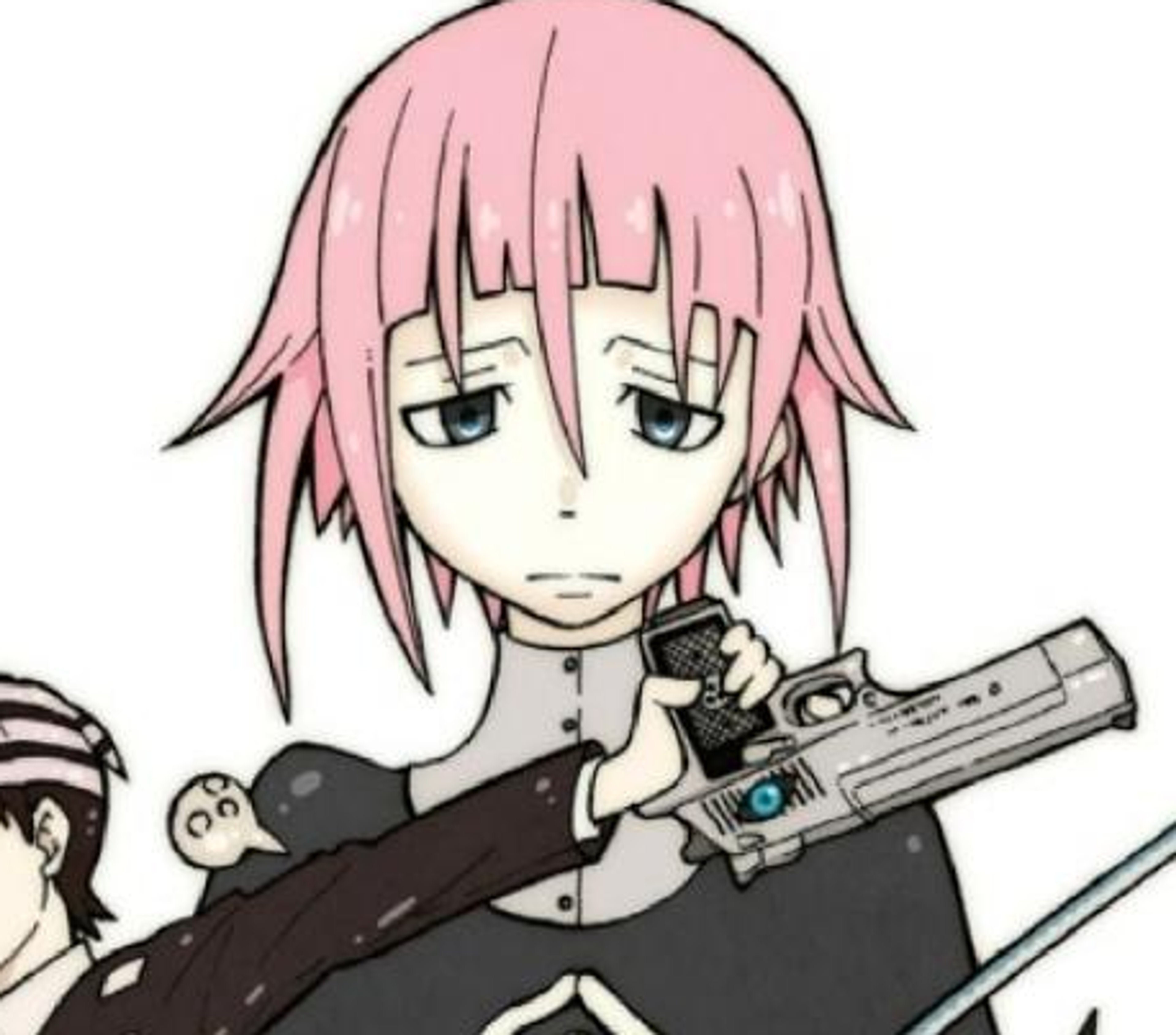 An anime-style character with pink hair holding a large weapon