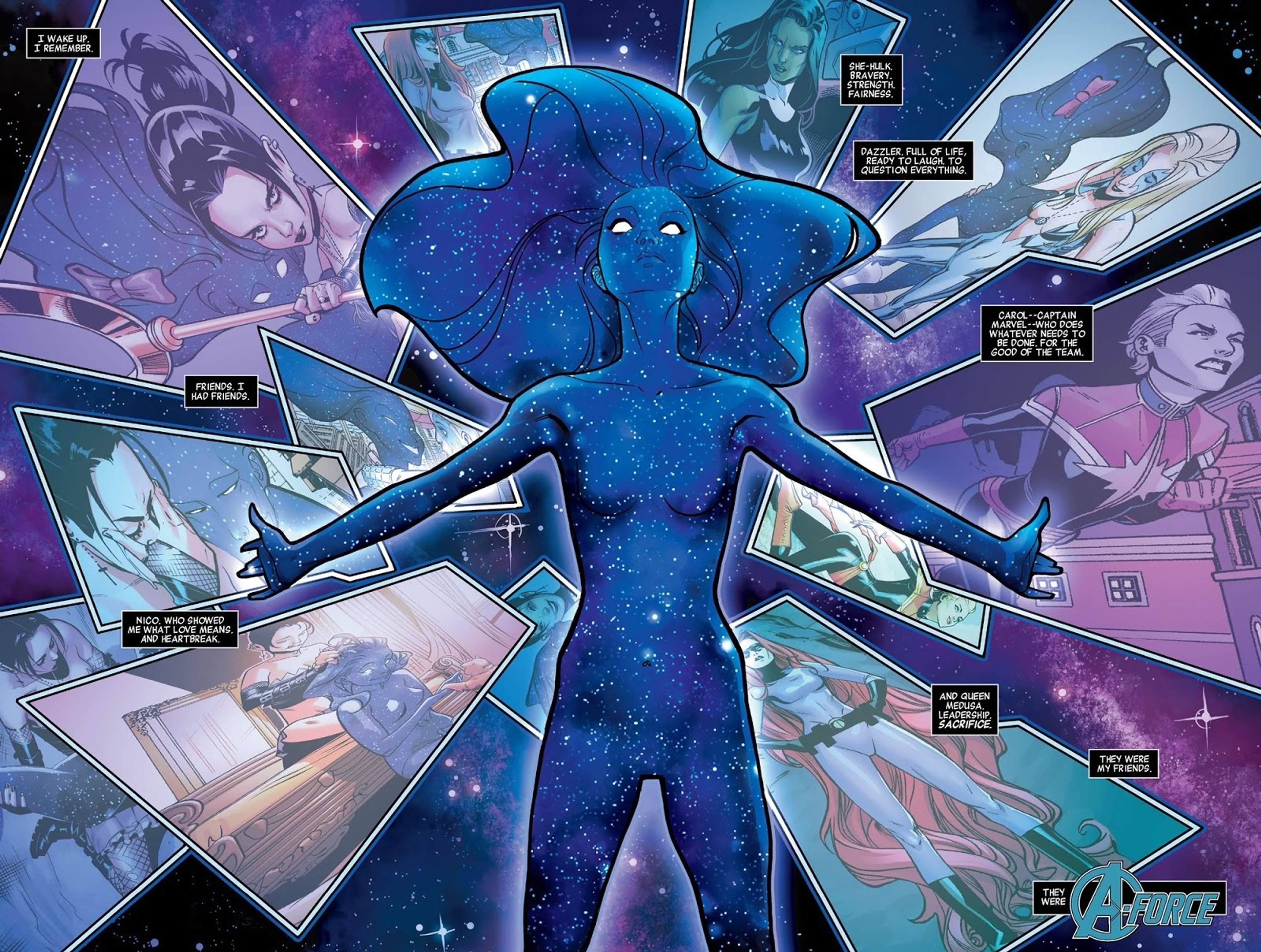 A cosmic entity with a deep blue body covered in swirling cosmic patterns and twinkling stars.