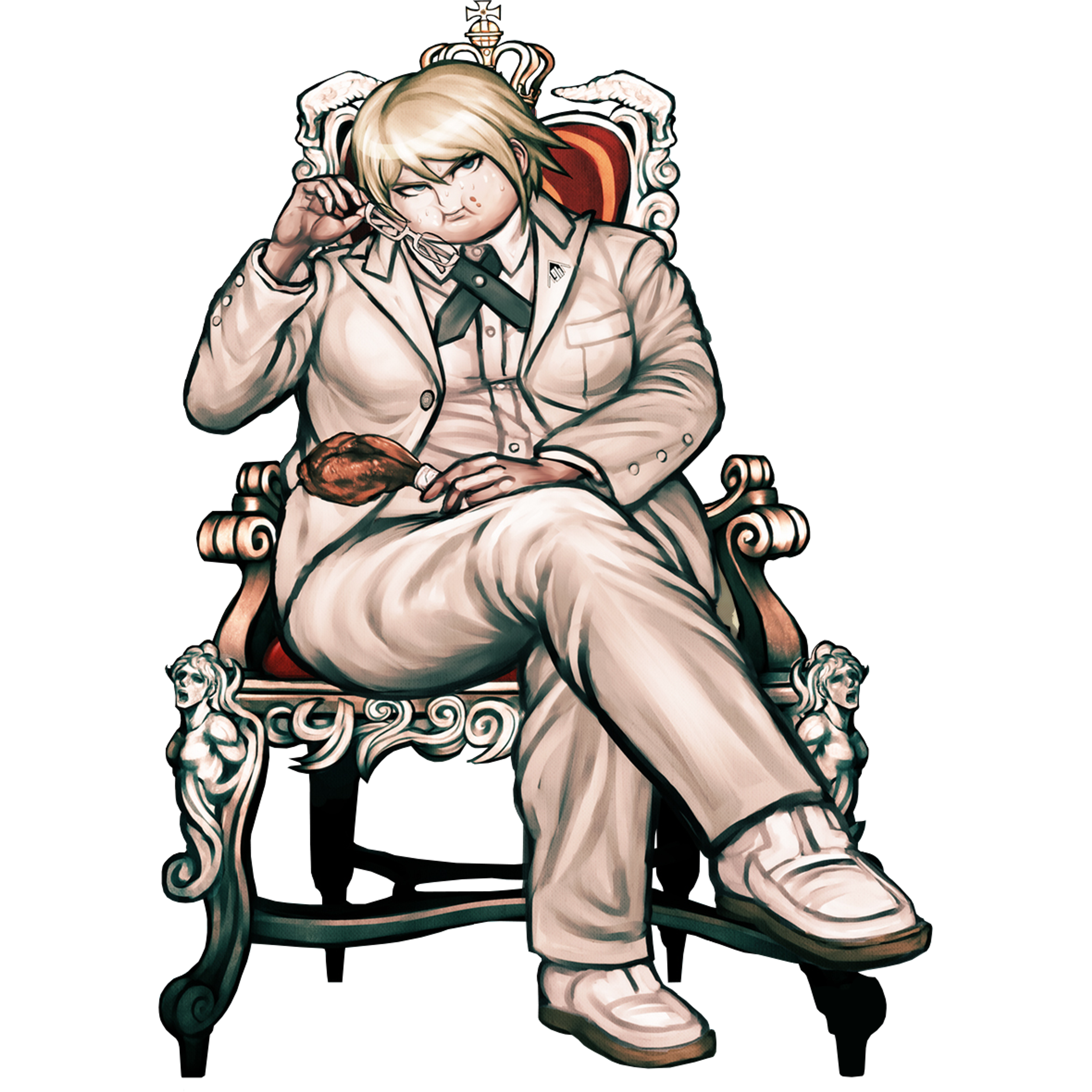 A character with a youthful, androgynous appearance seated in an ornate chair.