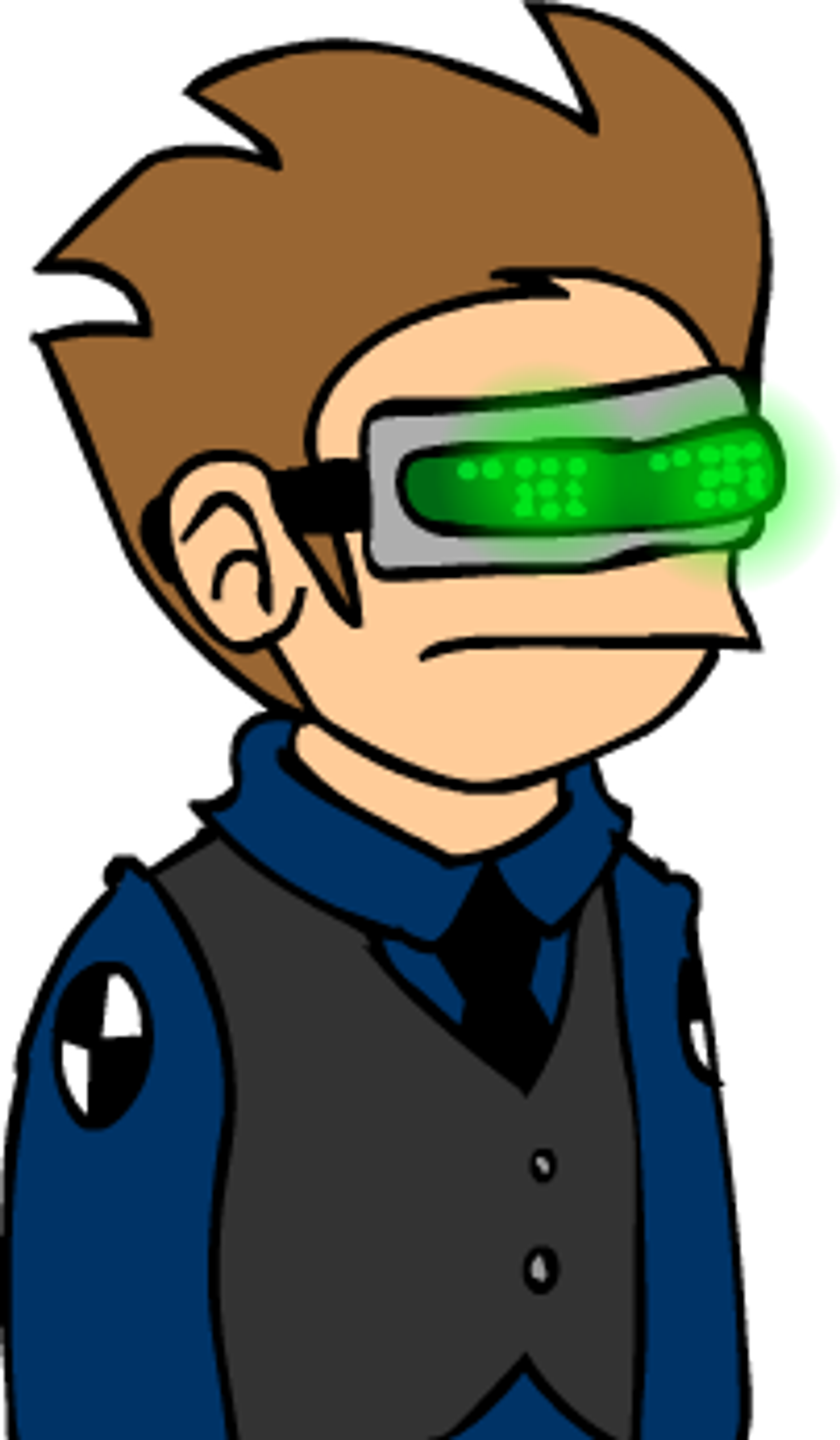 A cartoon character with spiky brown hair wearing a blue shirt and black pants, with a futuristic green visor over their eyes.