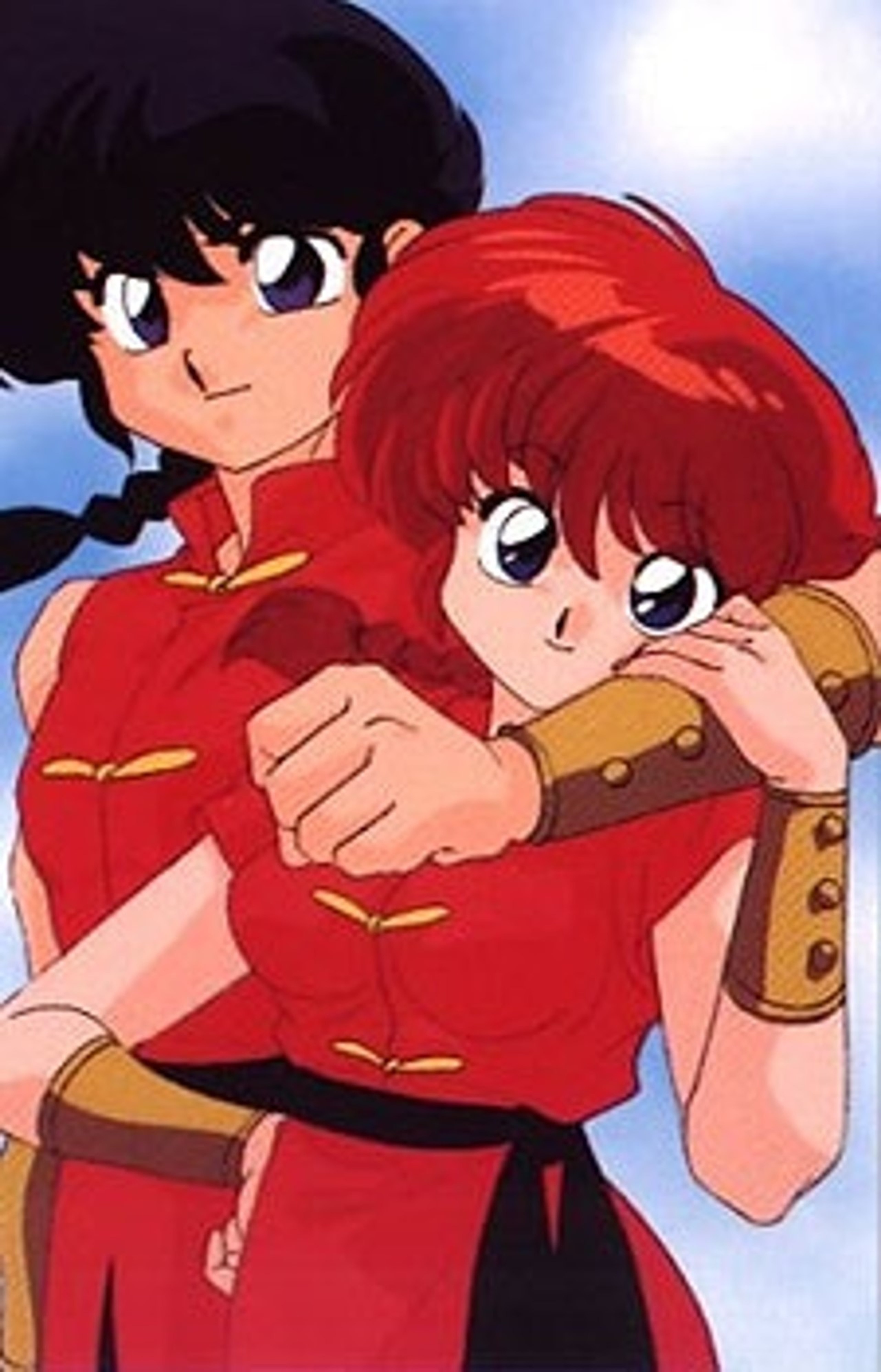 Two anime characters, a young man and woman, in a friendly embrace.