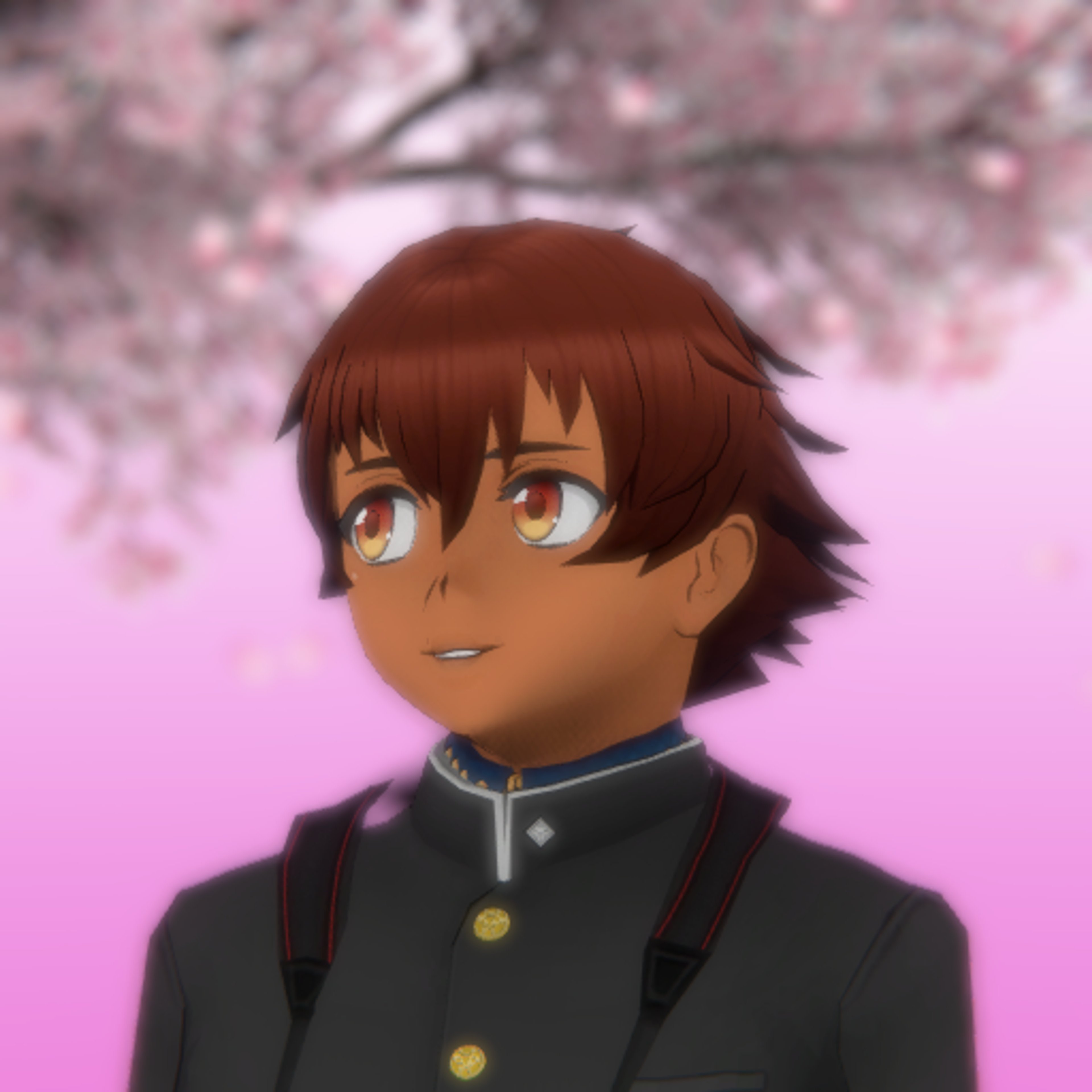 An anime-style character with messy auburn hair, tanned skin, and orange eyes wearing a school uniform with a camera around their neck.